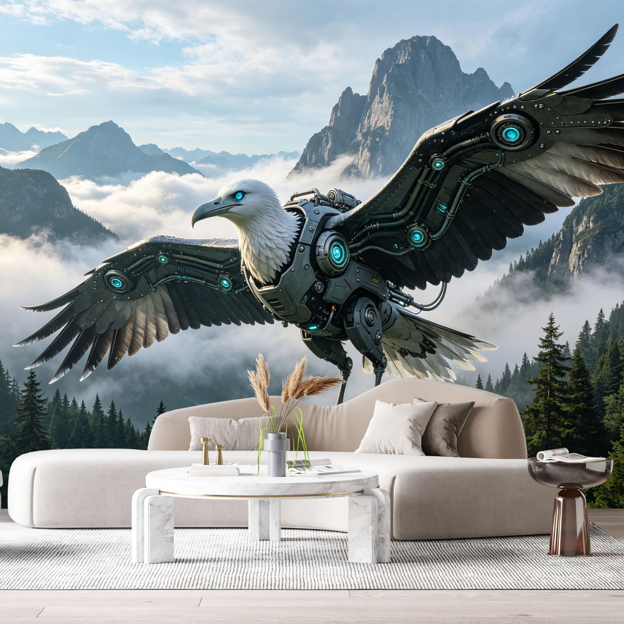 Custom Size Wall Mural Mechanical Eagle Cybernetic Bird SciFi Mecha Futuristic Metal Wings Mountain Landscape SelfAdhesive Art Prints Removable Large Wallpaper Esports Room Game Room Studio