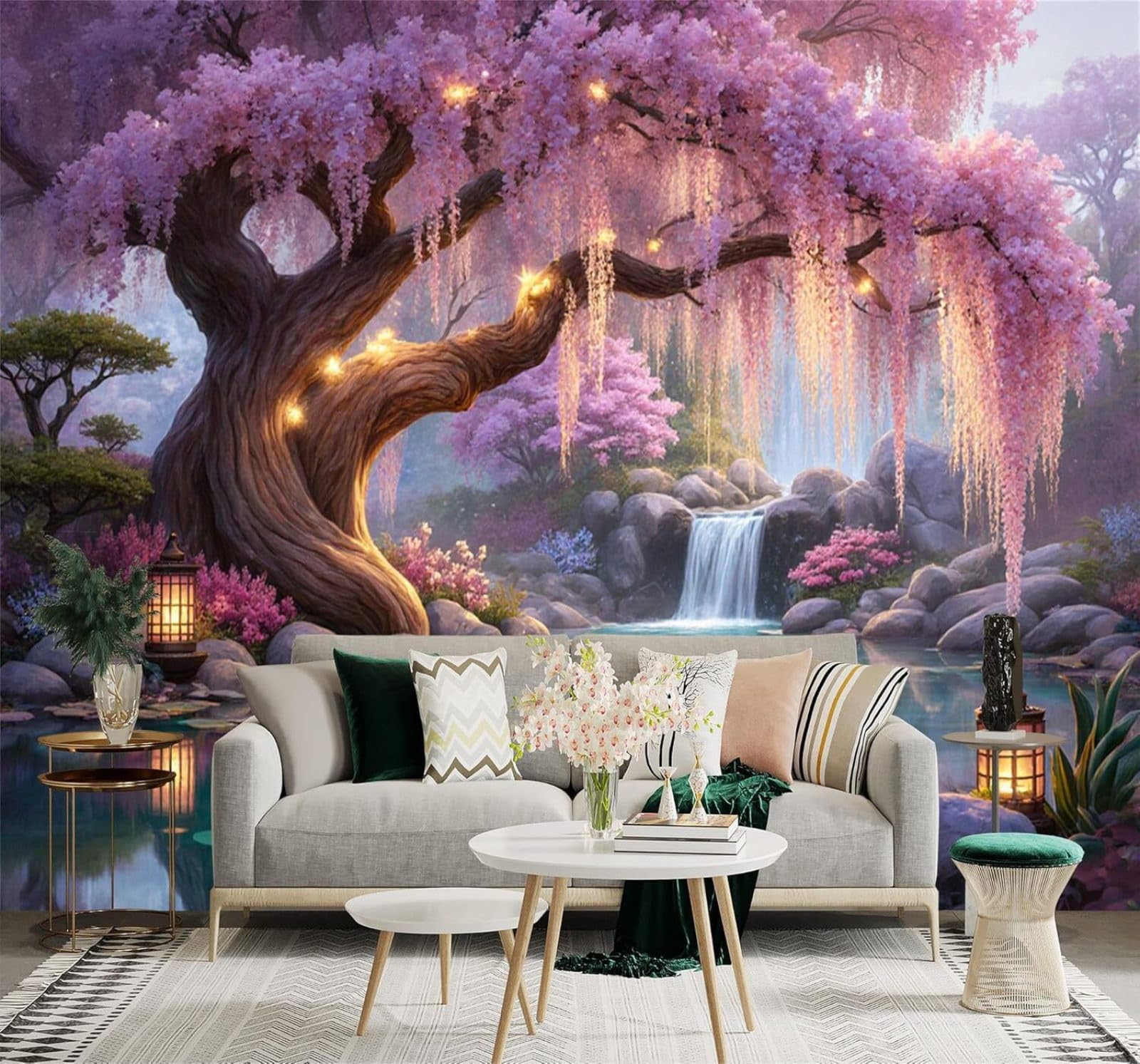 XLMING Serene Lake Beautiful Cherry Blossom Trees Lanterns Waterfall 3D Wallpaper Premium Textured Silk Study Dining Living Room Bedroom Sofa TV Wall Easy Install-300cm×210cm