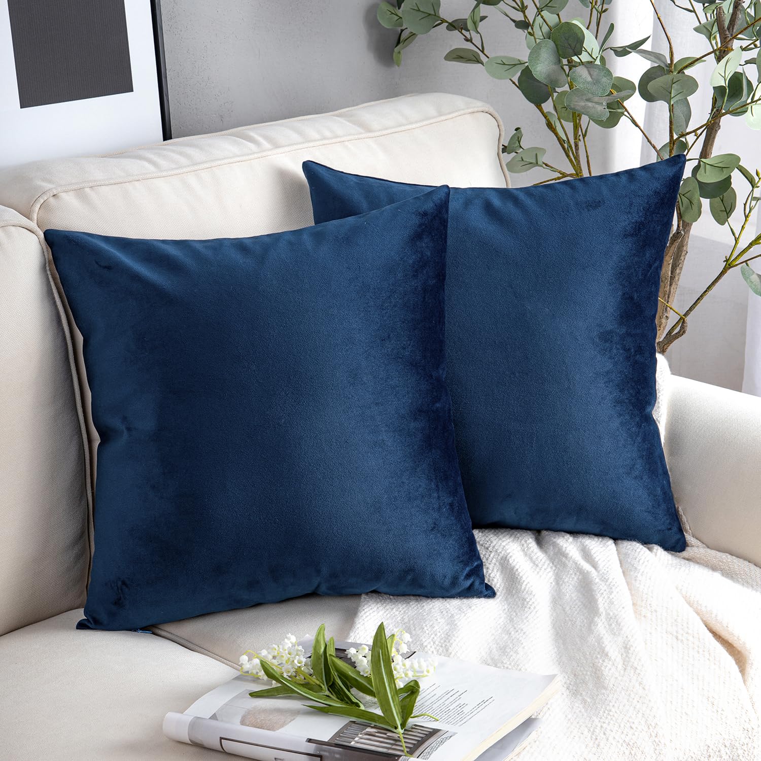 Phantoscope Pack of 2 Velvet Decorative Throw Pillow Covers Soft Solid Square Cushion Case for Couch Navy Blue 18 x 18 inches 45 x 45 cm