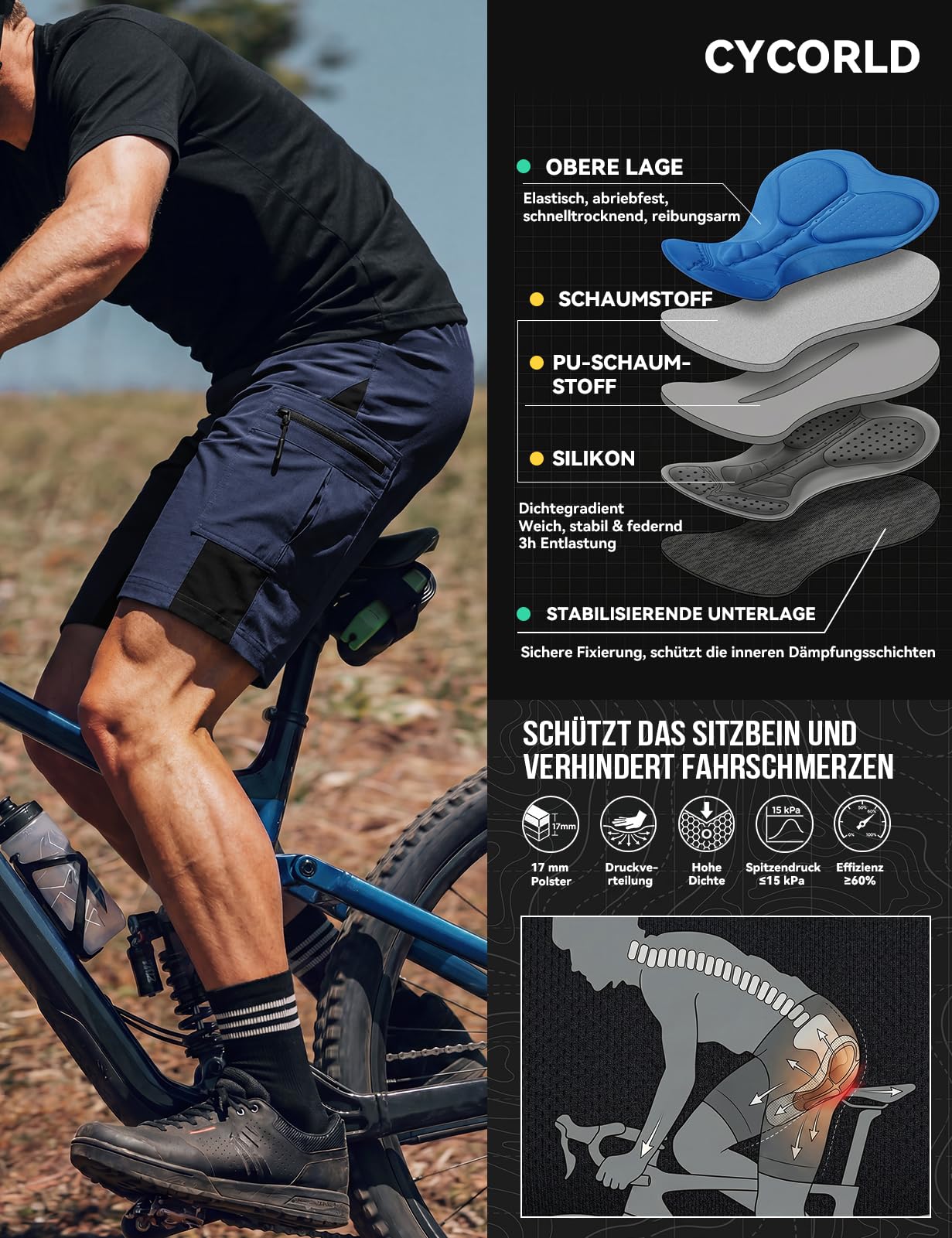 Cycorld Pantalones cortos de ciclismo para hombre, de secado rápido, con acolchado en el asiento, elásticos, para deportes al aire libre