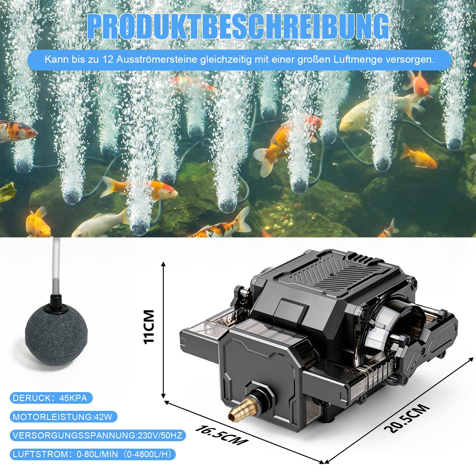 Bomba de aire para acuario de 42 W con piedra de aire de 12 x 5 cm
