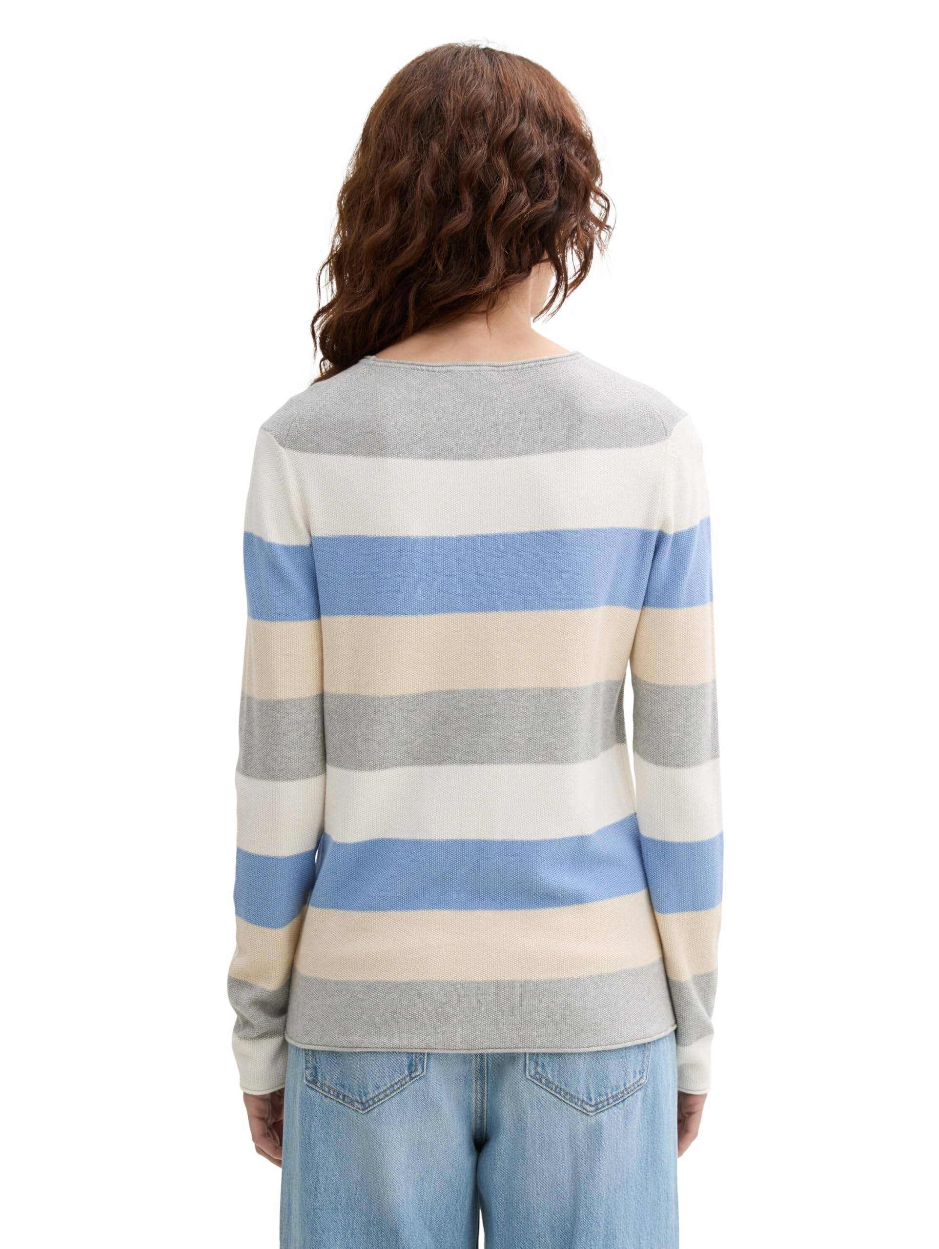 Tom Tailor Damen Strickpullover mit Rundhals, 37224 - Beige Blue Block Stripe, M – Ansicht 2