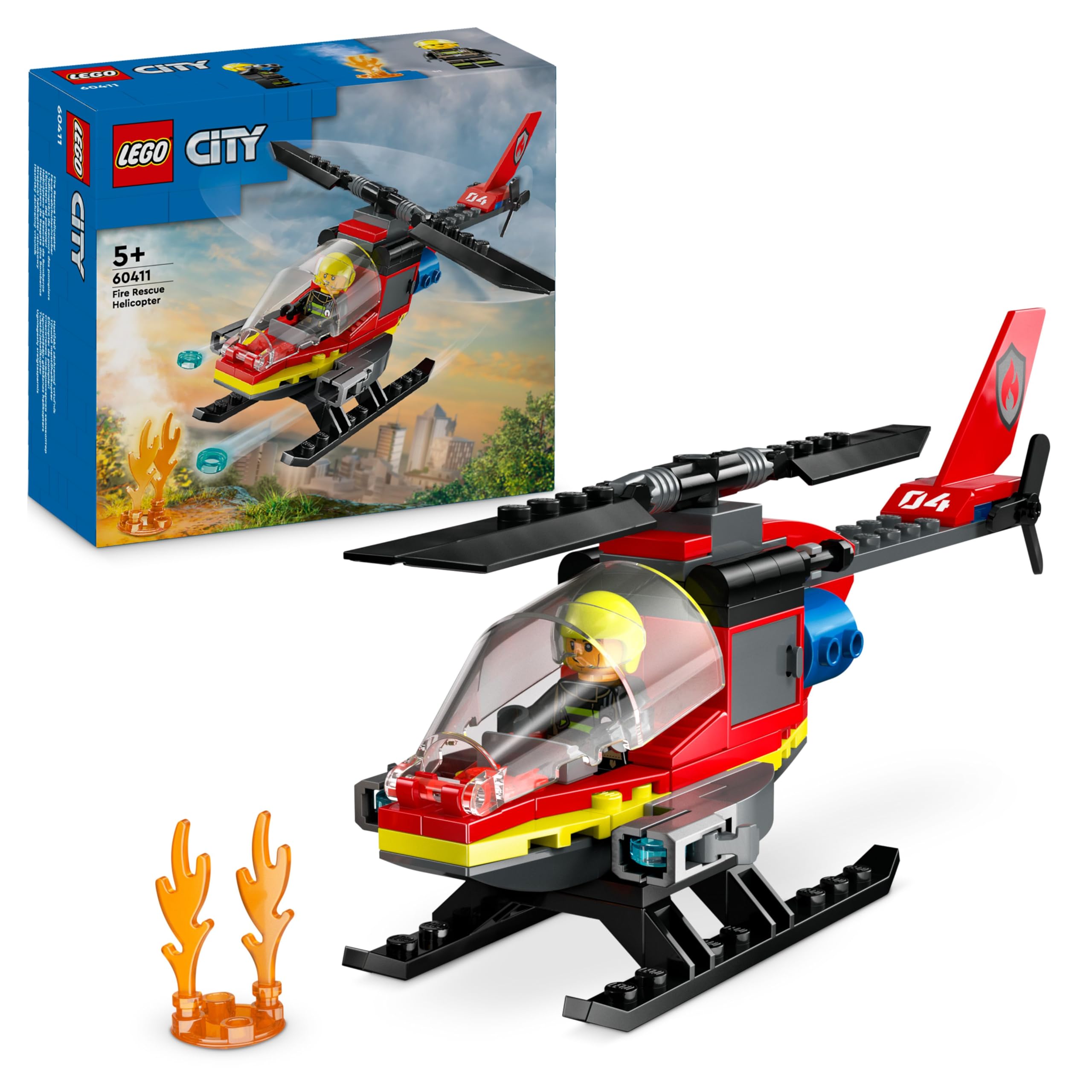 LEGO City Fire Rescue Helicopter Toy for 5 Plus Year Old Boys & Girls, Vehicle Building Set with Firefighter Pilot Minifigure, Imaginative Play Gift for Kids 60411