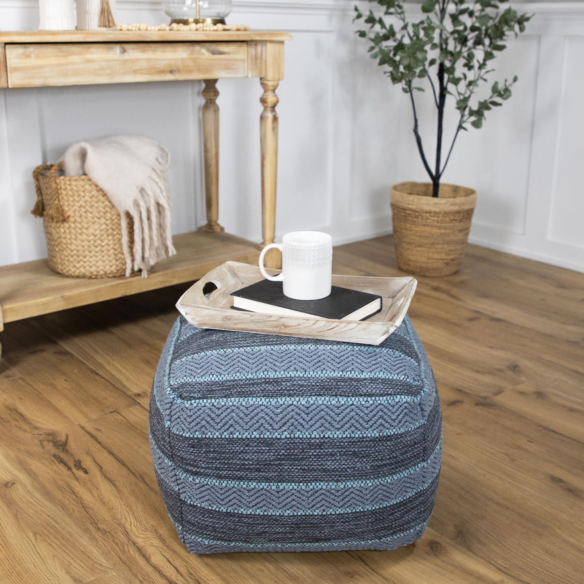 Northlight Striped Woven Cotton Square Pouf - 14