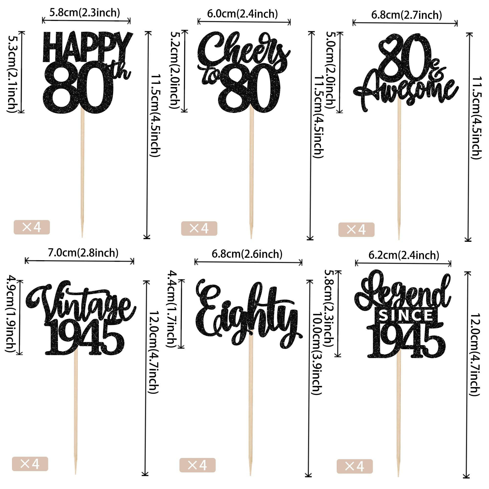 24PCS Happy 80th Birthday Cupcake Toppers Eighty Vintage 1945 Cupcake Picks Cheers to 80 Lengend Since 1945 Cake Decorations for 80th Birthday Anniversary Party Decorations Supplies Black