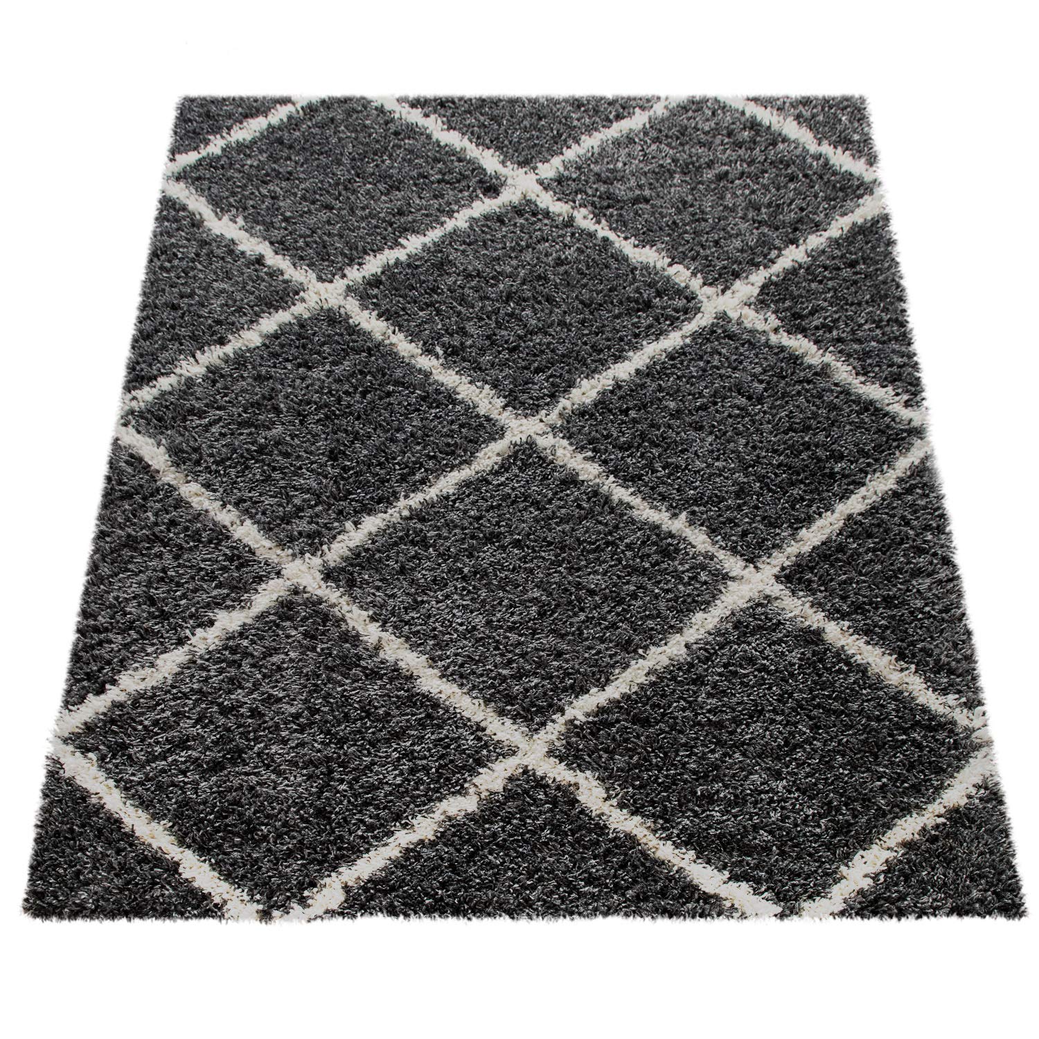 Paco Home Hoogpolig Vloerkleed, Shaggy Voor Woonkamer, Scandinavisch Ontwerp En Ruitpatroon In Grijs, Maat: 160 cm rondje