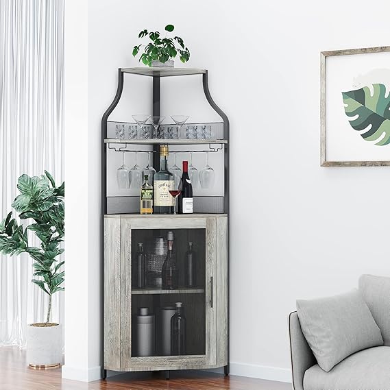 Amyove Corner Wine Bar Cabinet with Detachable Wine Rack, Industrial Wine Cabinet with Glass Holder, Small Sideboard and Liquor Coffee Bar Cabinet with Mesh Door, Grey