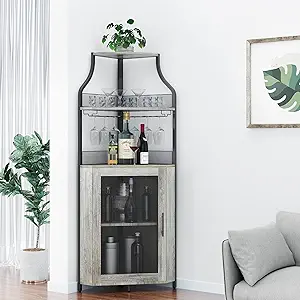 Amyove Corner Wine Bar Cabinet with Detachable Wine Rack, Industrial Wine Cabinet with Glass Holder, Small Sideboard and Liquor Coffee Bar Cabinet with Mesh Door, Grey