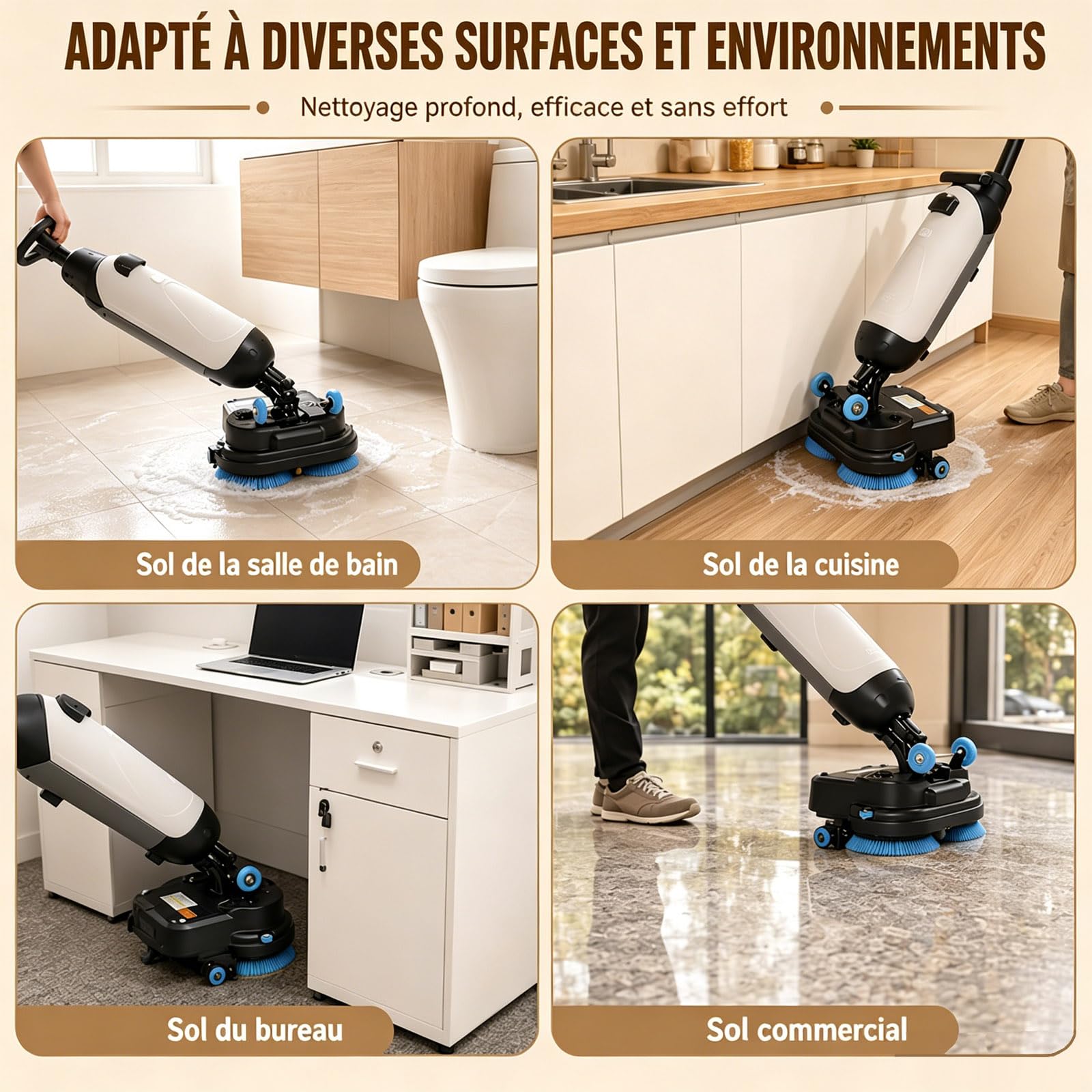 Autolaveuse Verticale et Aspirateur Nettoyeur Sol, Design Compact, Double Brosse Rotative 360°, Nettoyage en Profondeur pour Carrelage et Parquet Blanc-220V