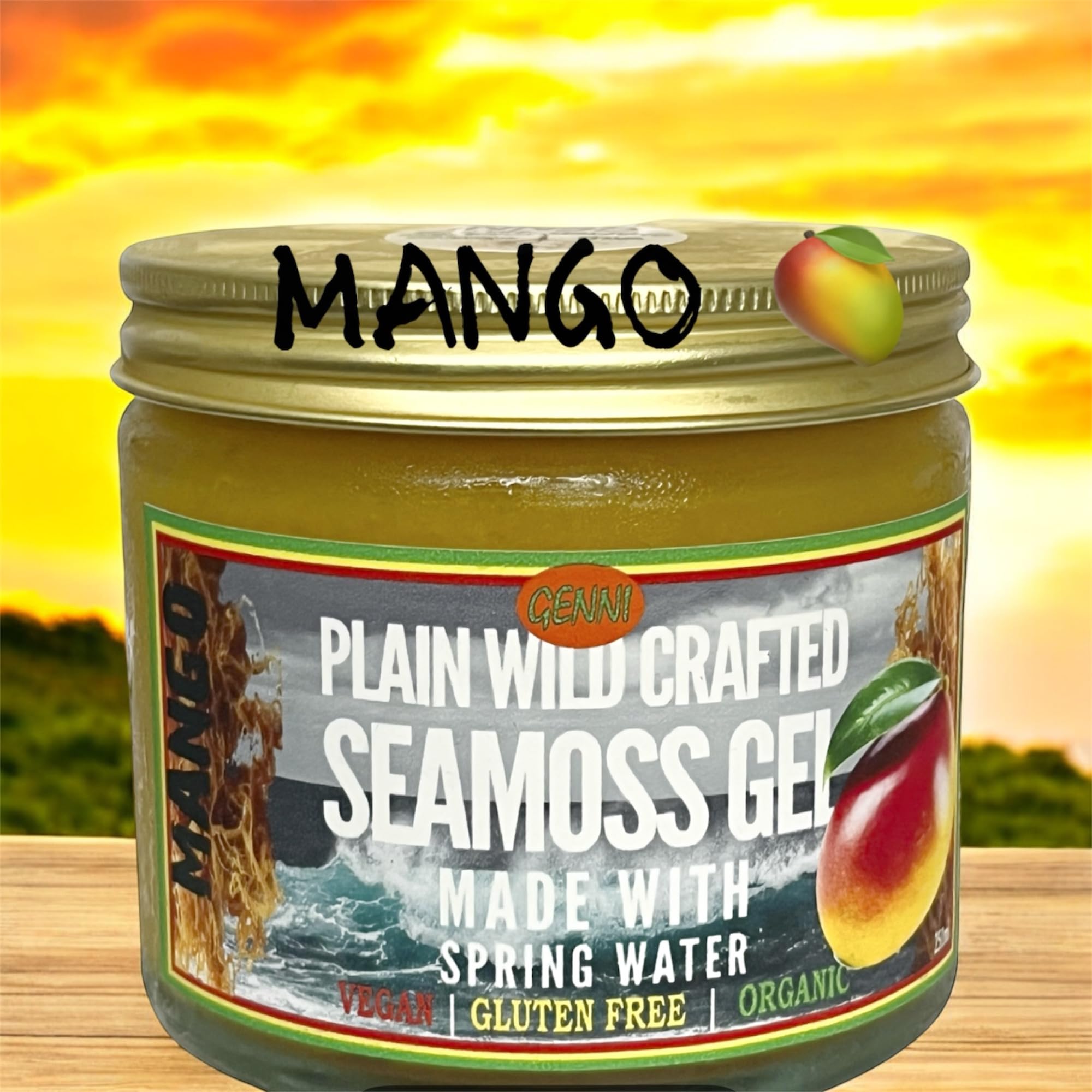 Genii Plain Wild Crafted Seamoss Gel mit Mango, hergestellt mit Quellwasser, vegan, glutenfrei, Bio