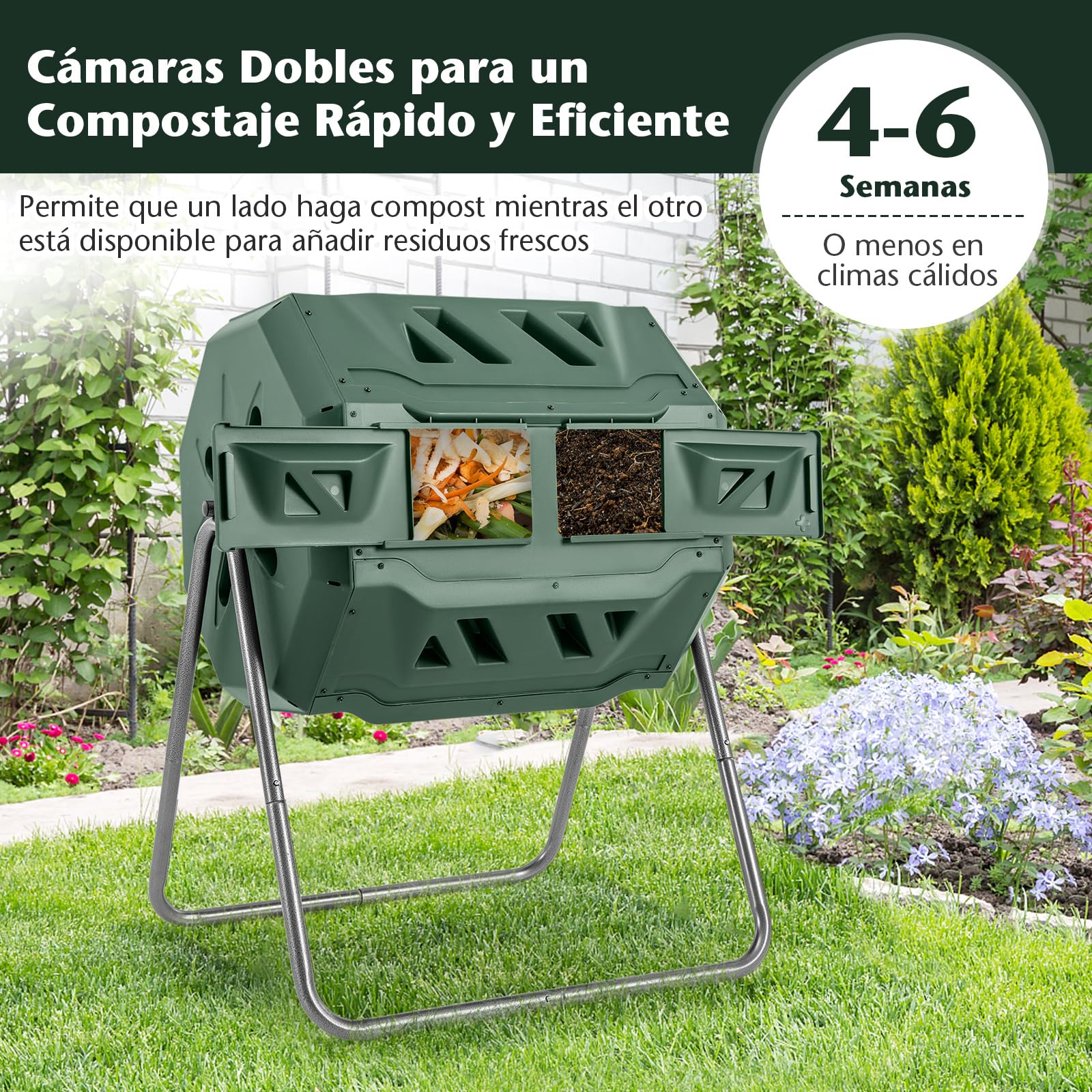 COSTWAY Compostador Jardin Giratorio 360° 160L, Contenedor de Compost, Tambor de Compostaje de Doble Cámara con 2 Puertas Correderas, Marco de Metal Resistente, sin BPA para Desechos de Jardín (Verde)