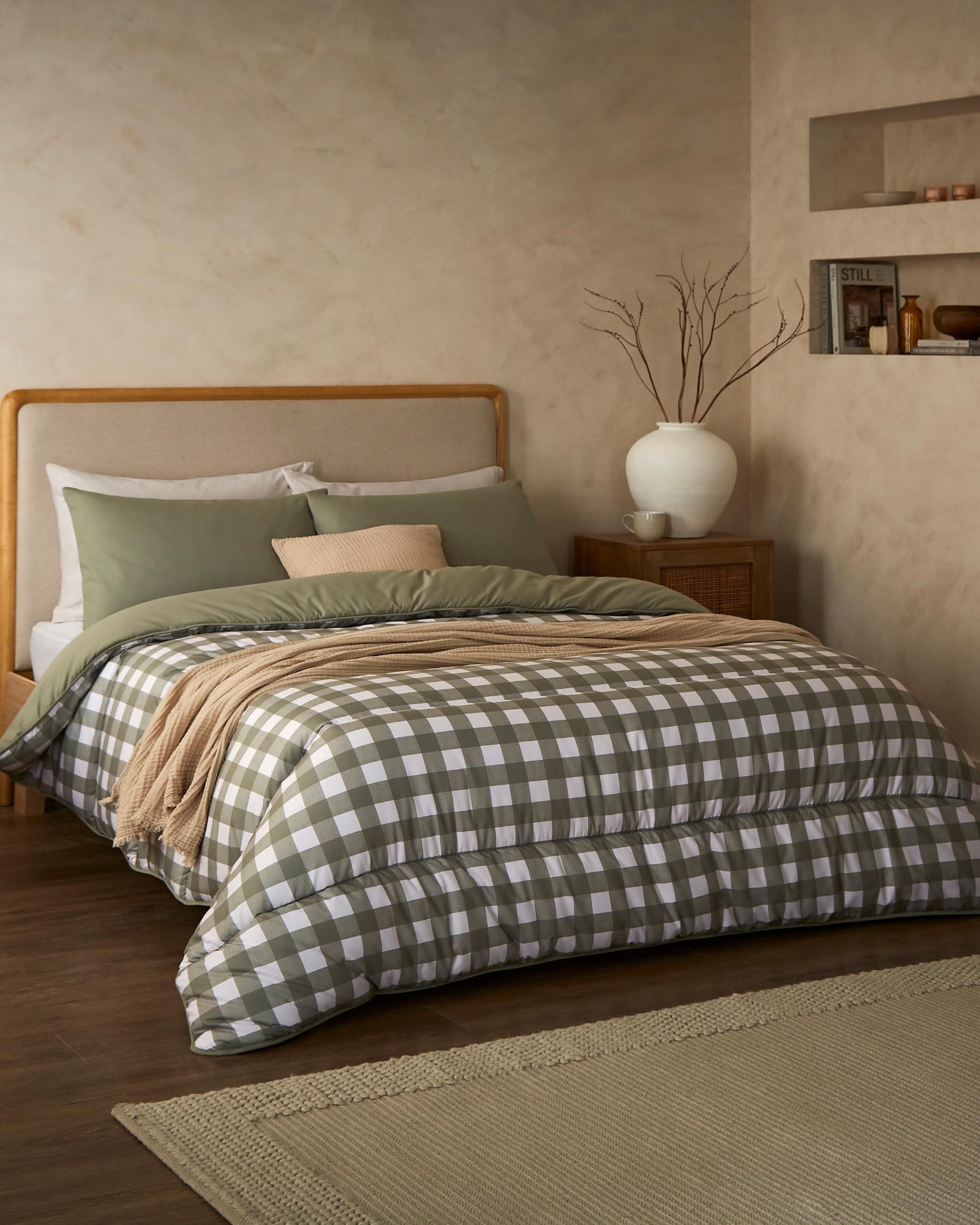 Night Lark Coverless Duvet and Pillowcase Set, Autumn Collection – Coverless Duvet Single 10.5 Tog with Advanced Smartfil® Fibre, Machine Washable, Hypoallergenic – Olive Gingham, Single Bed Size