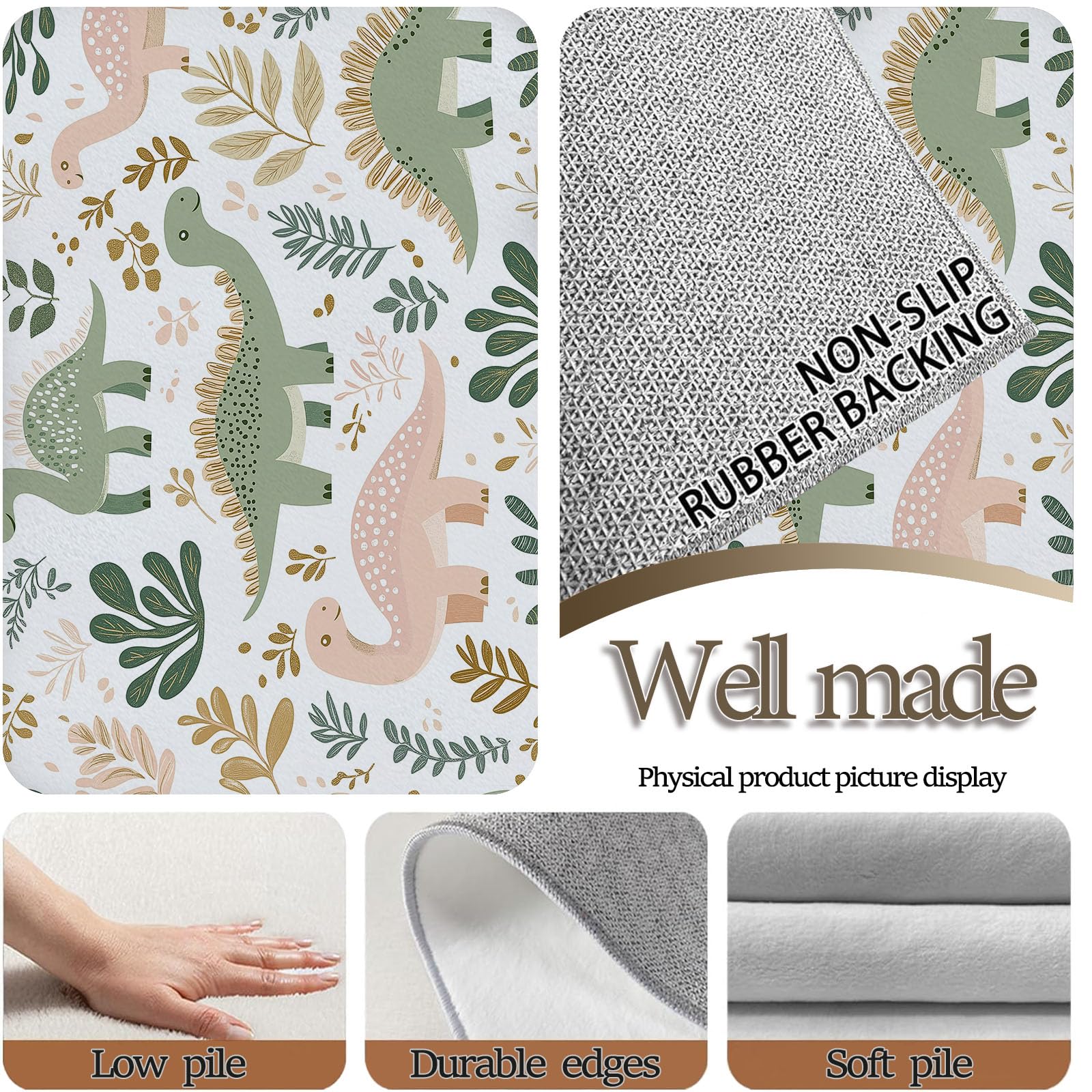Teppich Bunt Dekor Teppich Kinder Wohnzimmer Teppiche 60 x 120 cm Indoor Bodenmatte Üppiges Laub süß Dinosaurier Kurzfloriger, moderner maschinenwaschbarer Rutschfester Heimteppich