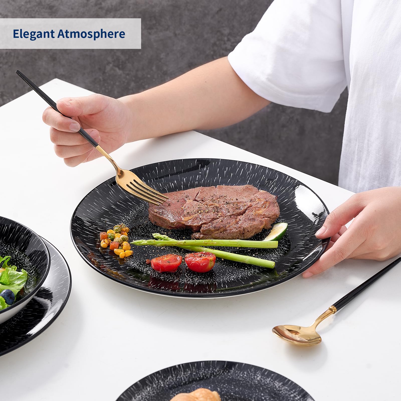 Bestone 12 Piece Round Kitchen Dinnerware Set,Plates and Bowls sets,Dishes, Plates, Bowls, Dish Setï¼ŒPlates and Bowls,Service for 4, Chip Resistant Porcelainï¼ŒStarburst Green (New Black, Round)