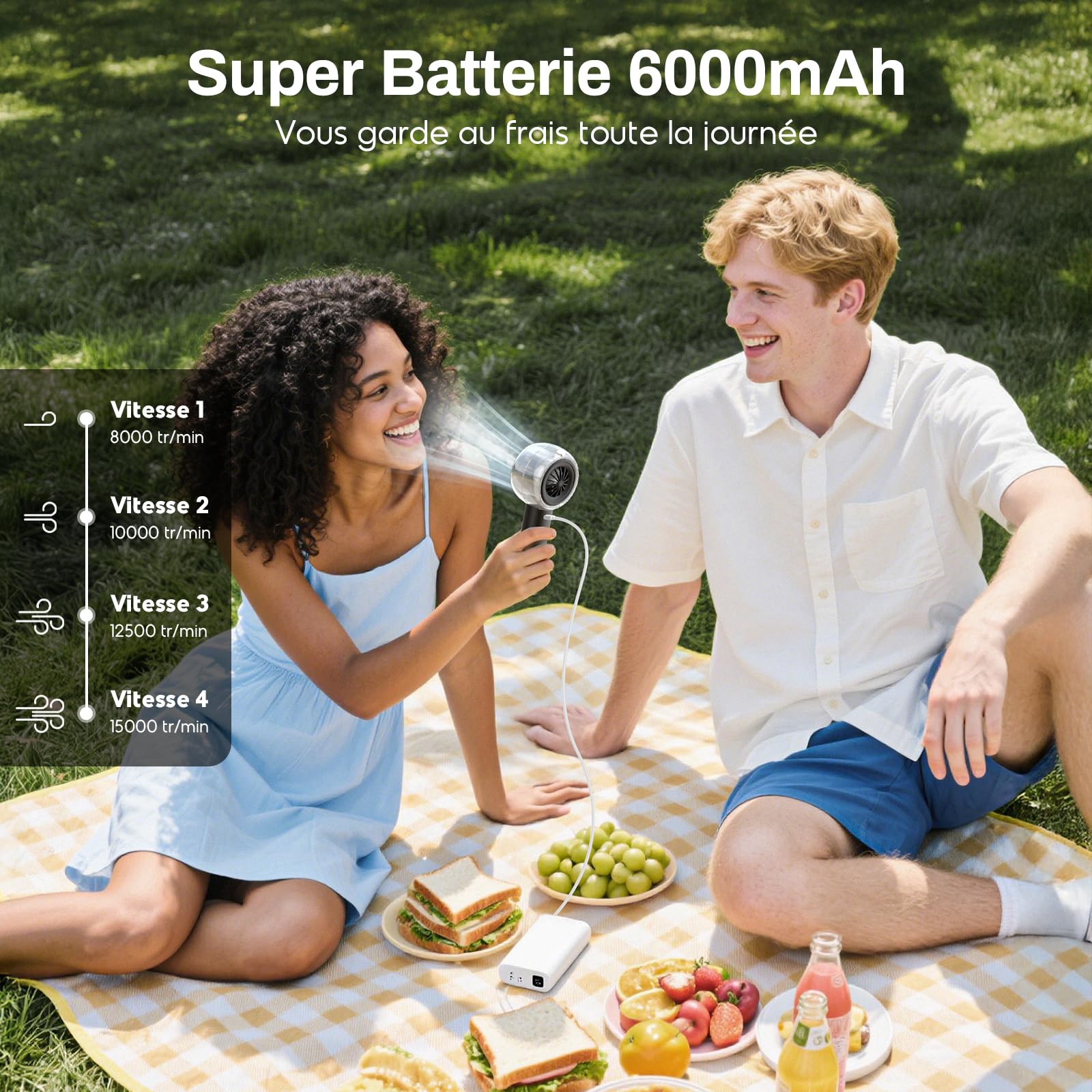 Ventilateur Brumisateur Portable à Main, Mini Ventilateur USB Puissant, Moteur Turbo, Batterie Rechargeable 6000mAh, 4 Vitesses, pour Voyage, Extérieur, Cadeau Été Femme Homme (Noir)
