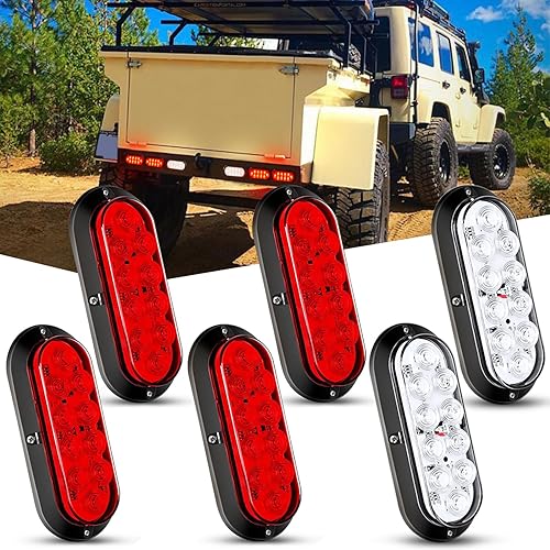 Nilight Luz trasera LED ovalada de 6 pulgadas, color rojo y blanco, 6 unidades, impermeable, parada, freno, giro, marcha atrás, montaje en