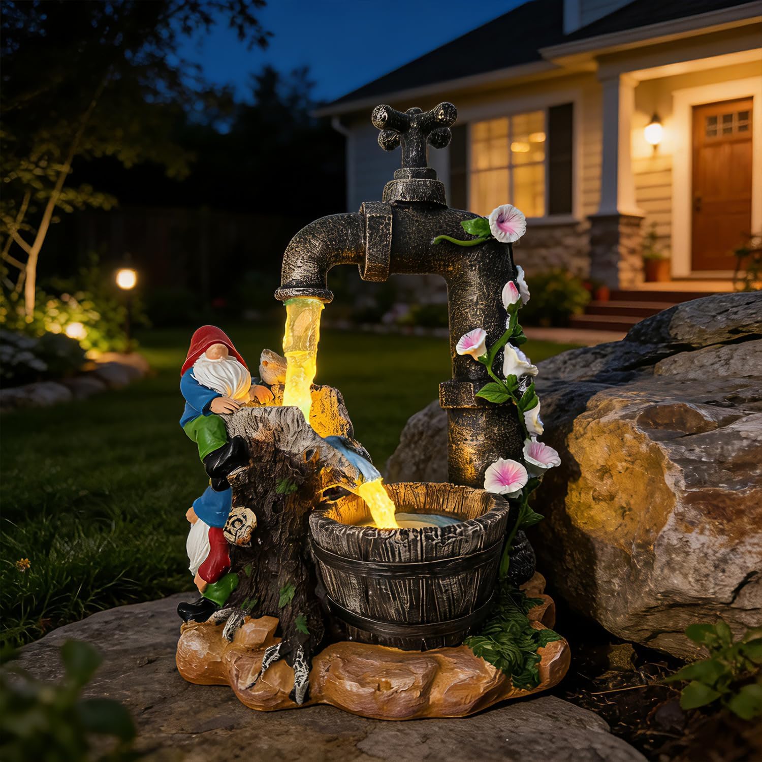 Solar Garden Gnomes Statues Outdoor Yard Decorations, 10" Resin Fountain Gnome Outside Christmas Art Decor for Lawn Patio Porch Backyard,Unique Housewarming Gifts for Women Mom Grandma