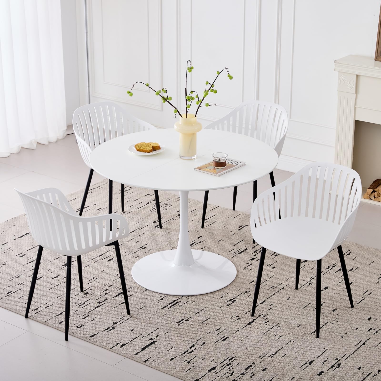 GrandCA HOME Juego de 4 Sillas de Comedor Modernas, Sillas de Cocina con Respaldos Huecos Verticales, Reposabrazos y Patas de Metal Negro, Adecuadas para Salas de Estar, Balcones, Oficinas - Blanco