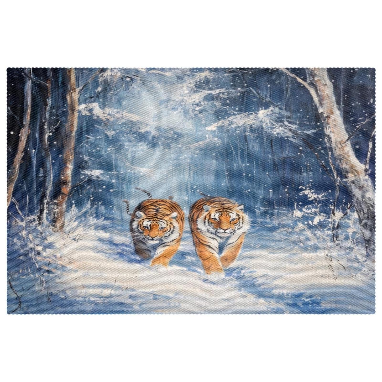 Set de table tissu lavable anti-tache et imperméable motif forêt enneigée x4