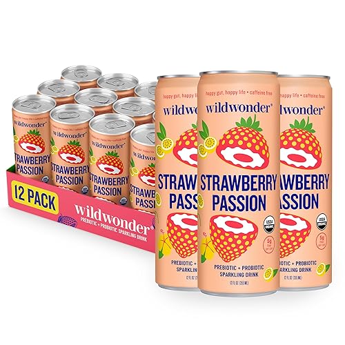 wildwonder Bebida probiótica espumosa, paquete de 12 unidades, para la salud intestinal y el apoyo inmunológico, pasión de fresa, 0.18 oz de fibra