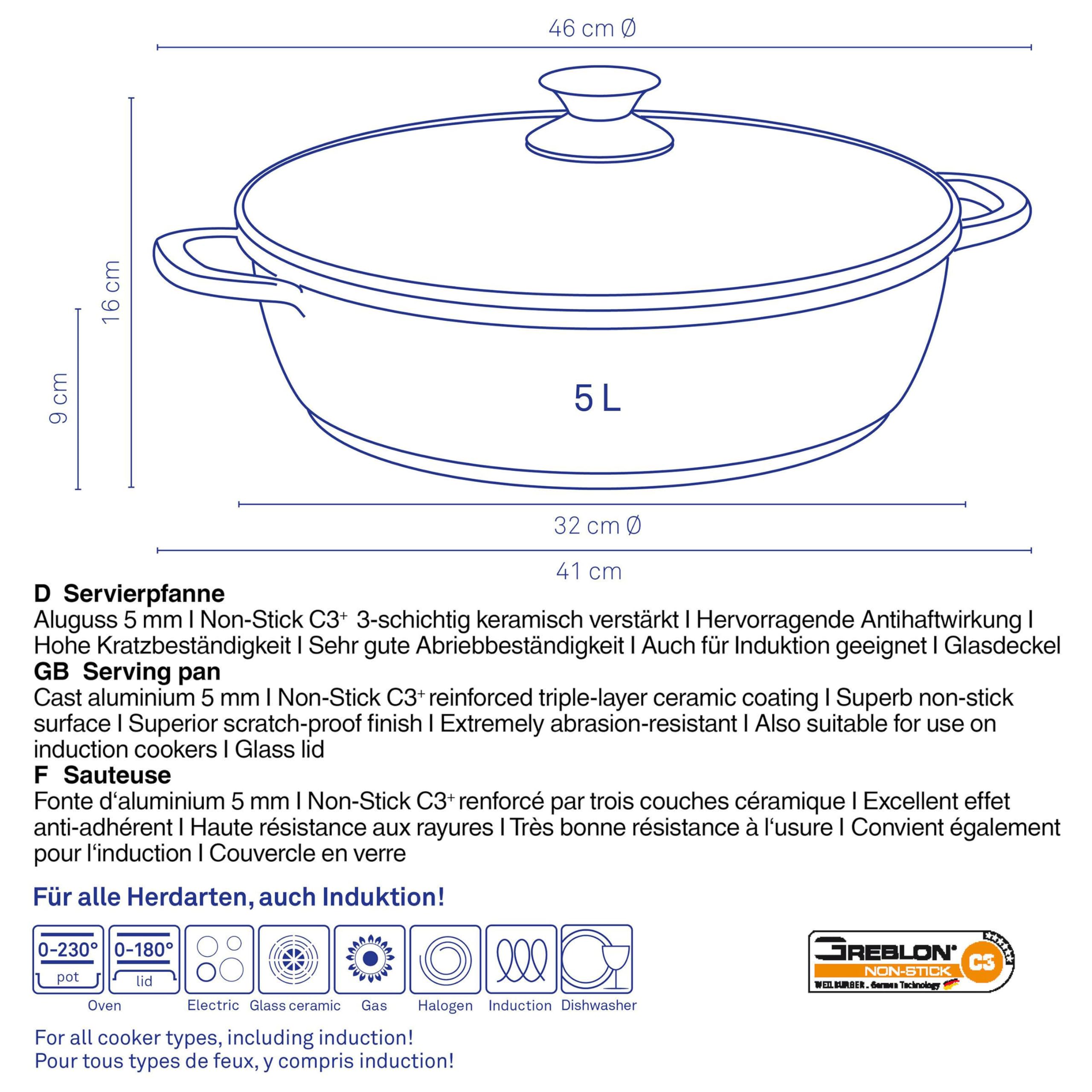 kela Aluguss Schmorpfanne 32 cm hoher Rand KERROS, Induktion Servierpfanne beschichtet mit Deckel, Paella Pfanne