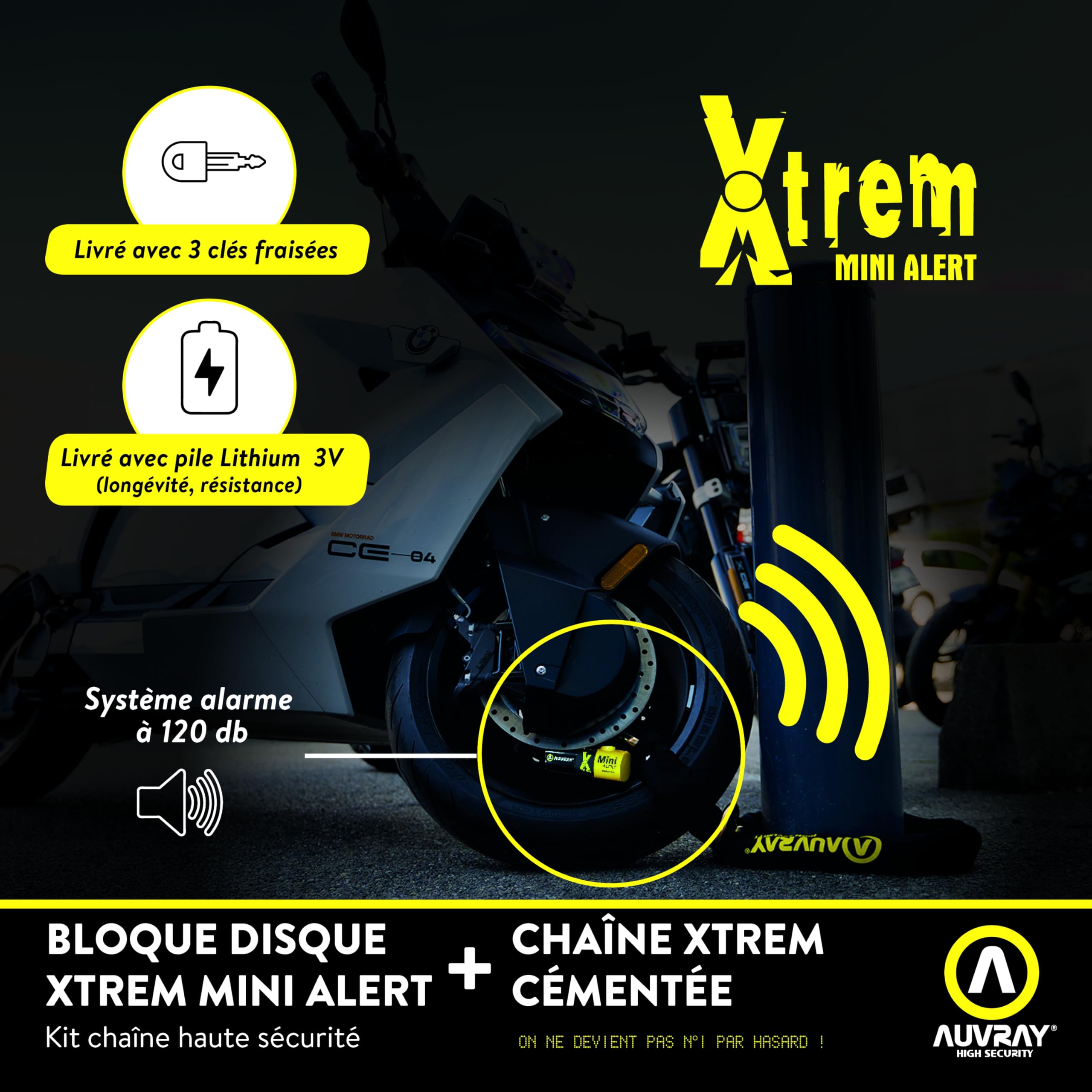 AUVRAY zestaw łańcuch z ogniwem lasso z kłódką XTREM MINI z alarmem - długość 100cm, średnica 13,5mm (klasa S.R.A. oraz ART)