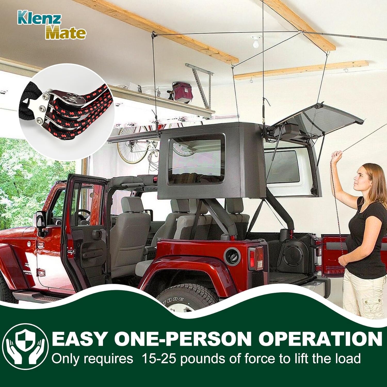 2026 Upgraded Hardtop Removal Lift Compatible with All Jeep Wrangler JK JL Models, KlenzMate Top Hoist with Safe Anti-Drop System, Easy One-Person Operation, Self-Leveling, Supports 8-16 Ft. Ceiling