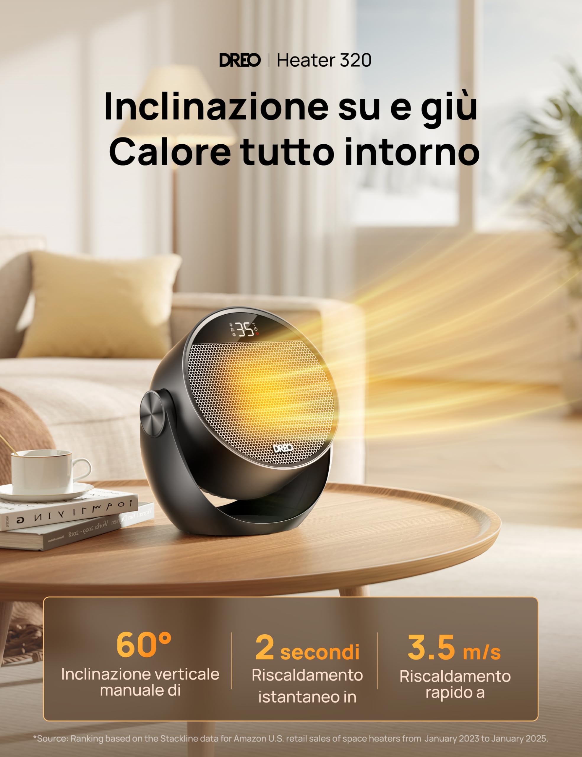 Dreo Termoventilatore da Camera, Stufa Portatile con 3 Modalità, Termostato Regolabile e Telecomando, Inclinazione 60°, Timer 12H, 8 Sistemi di Sicurezza, Riscaldatore Silenzioso per Ufficio e Casa