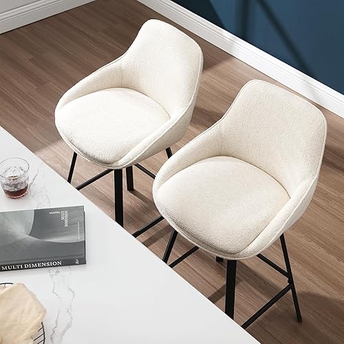 Miniatura 6 de Flouki Juego de 2 taburetes giratorios para mostrador, taburetes de bar tapizados para isla de cocina, sillas de bar modernas de tela de lino, base