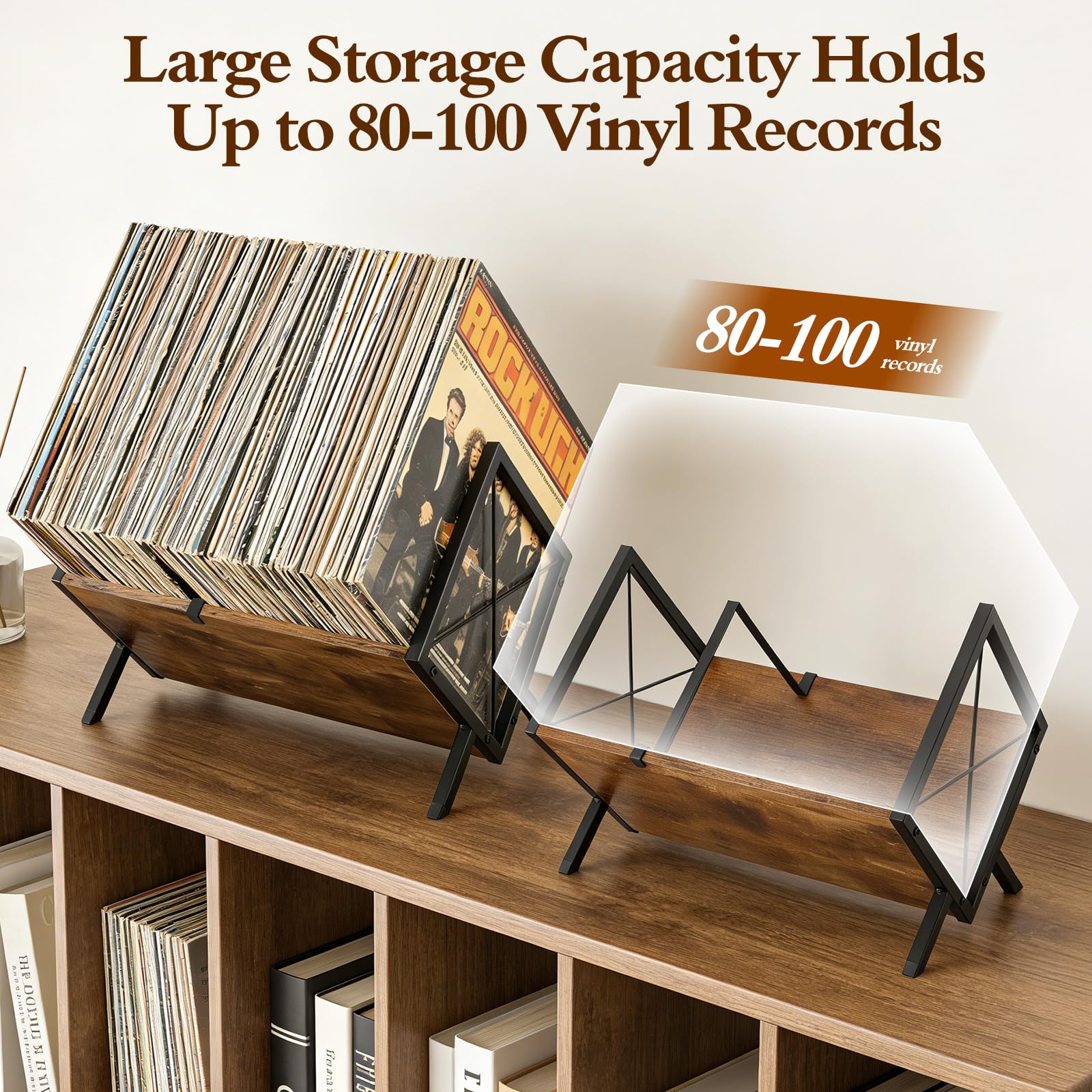 Scaffale in vinile per 80 LPs, combinazione in legno e metallo con divisorio regolabile, portariviste e organizer per CD, album, libri, per soggiorno, ufficio