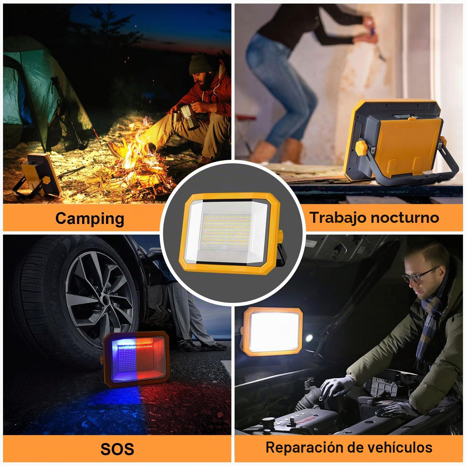 Foco Led Recargable 100W, Luz de Trabajo Portátil 12000LM Super Brillante 13000mAh con Panel Solar, 4 Modos de Luz, 2 Panel solar, Lámpara de Camping Portátil para Cortes de Energía, Camping