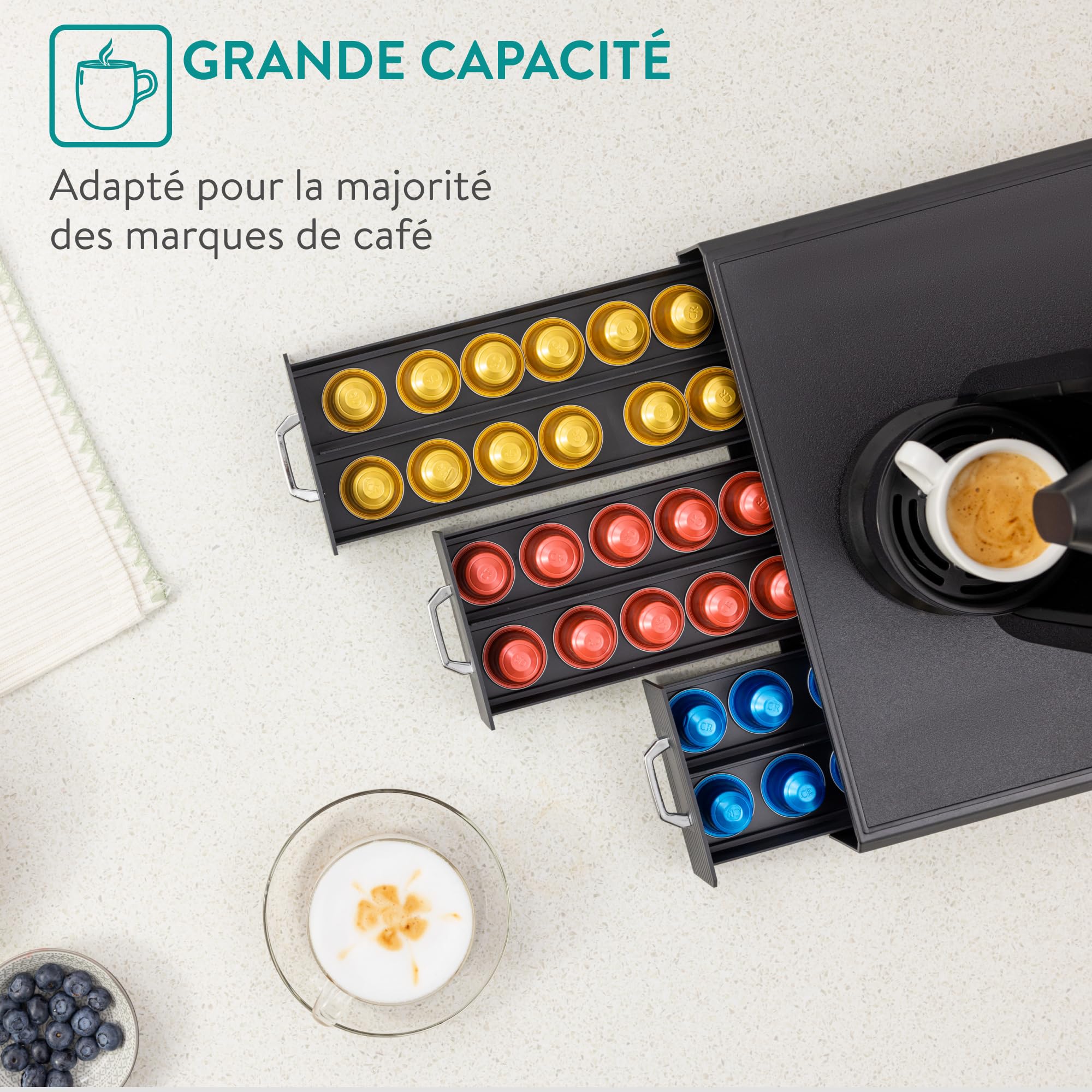 Navaris Tiroir à Capsule de Café - Rangement Support pour Dosette Machine à Café Nespresso CBTL K-Cups - 3 Tiroirs - 48 Capsules