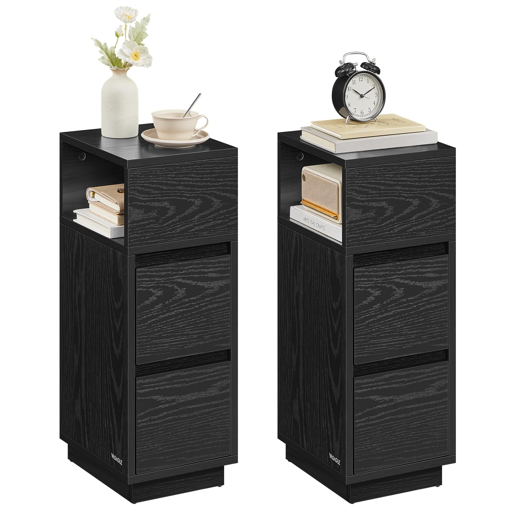 VASAGLE Small Nightstands, Set of 2, Narrow Side End Tables with 2 Drawers, Open Compartment Mounted to Left or Right, for Bedroom, Small Spaces, Living Room, Ebony Black, ULET856B56