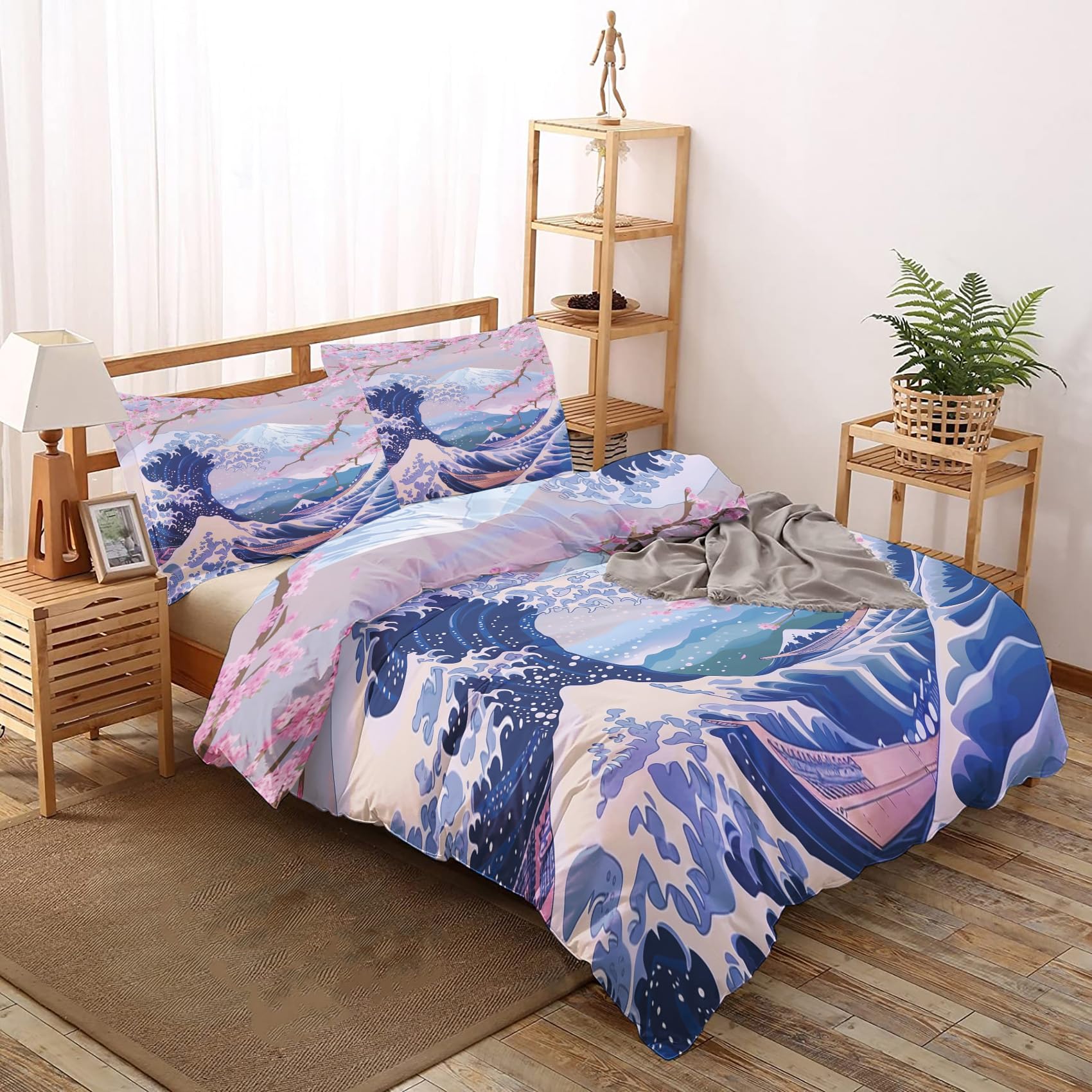 Vague Japonaise Housse de Couette 220x240 - Parure de Lit 2 Personne Adulte Fleur de Cerisier Kanagawa - Ensemble de Literie en Microfibre Douce avec Fermeture éclair, 2 Taies d'oreiller 65x65 cm