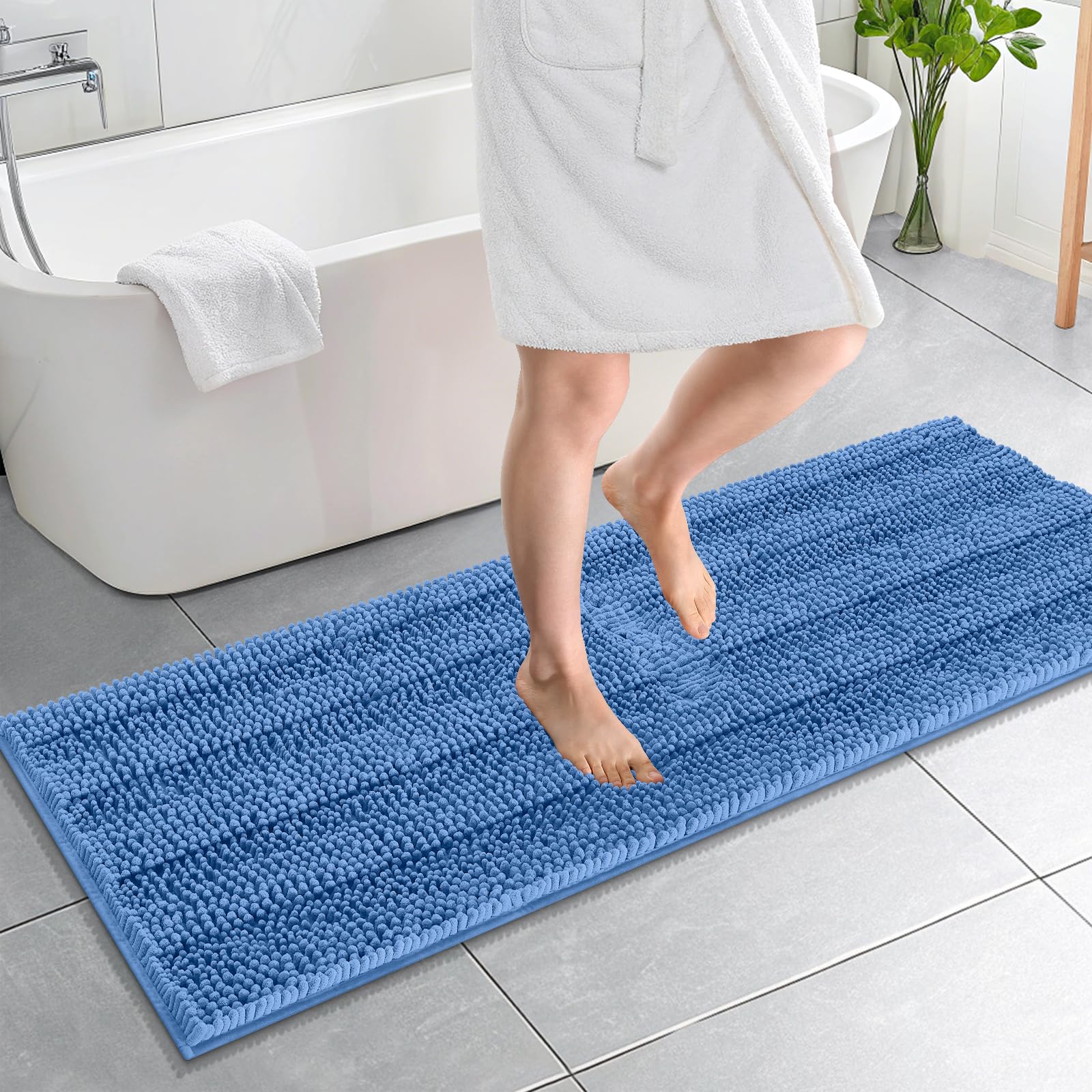 OLANLY Bathroom Runner Rugs 59x20, Soft Chenille Bath Rugs, Cornflower Blue