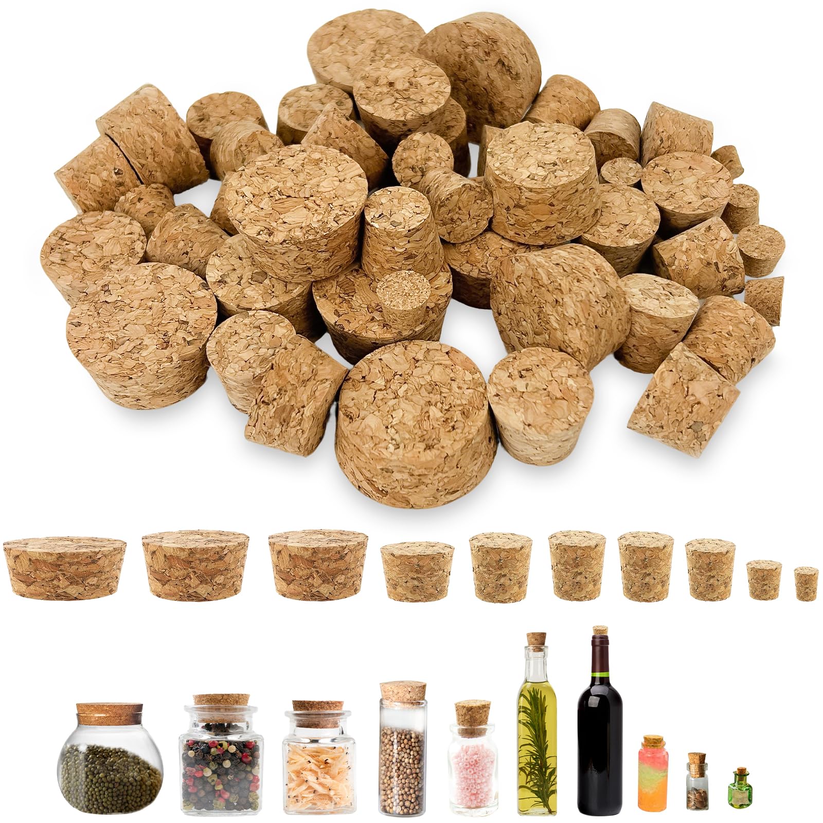 54 tapones de corcho cónicos, 10 tamaños, corchos de madera blanda natural, corcho para botellas, corchos de vino, corcho para manualidades, tapones de champán, tapón de corcho en forma de cono para