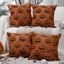 Tranqun 4 Pcs Halloween Pillow Covers Fall Pumpkin Ghost Throw Covers 3D Embroidered Faux Fur Cushion Cases for Halloween Thanksgiving Autumn Home Sofa Bed Room Decor12 x 20'',Rust