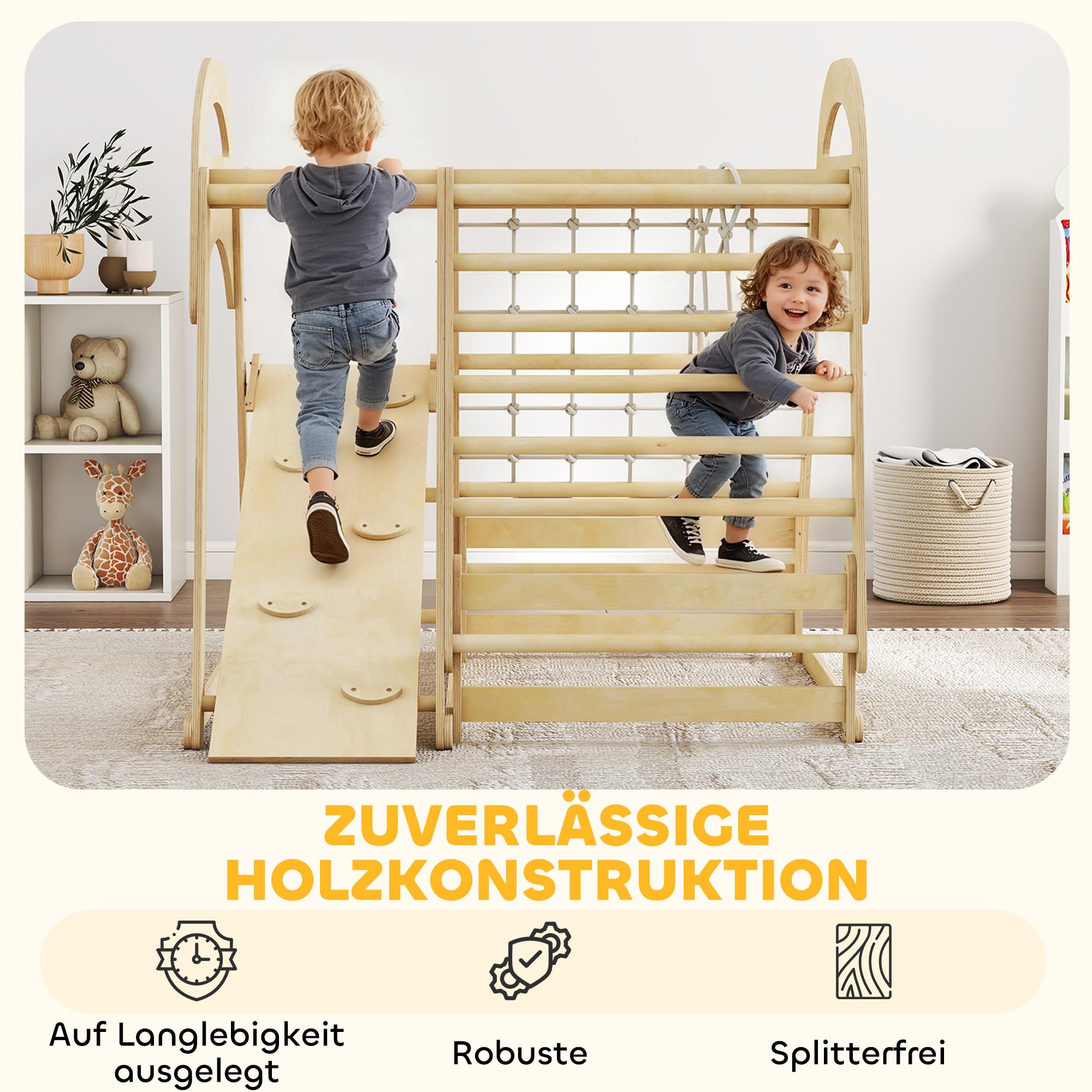 AIYAPLAY 6-in-1 Montessori Klettergerüst Indoor für 3-6 Jahre, Naturholz | Indoor Spielplatz, Mit Rutsche, Kletterstangen, Turnringen, Leiter, Kletternetz, Kletterturm Indoor