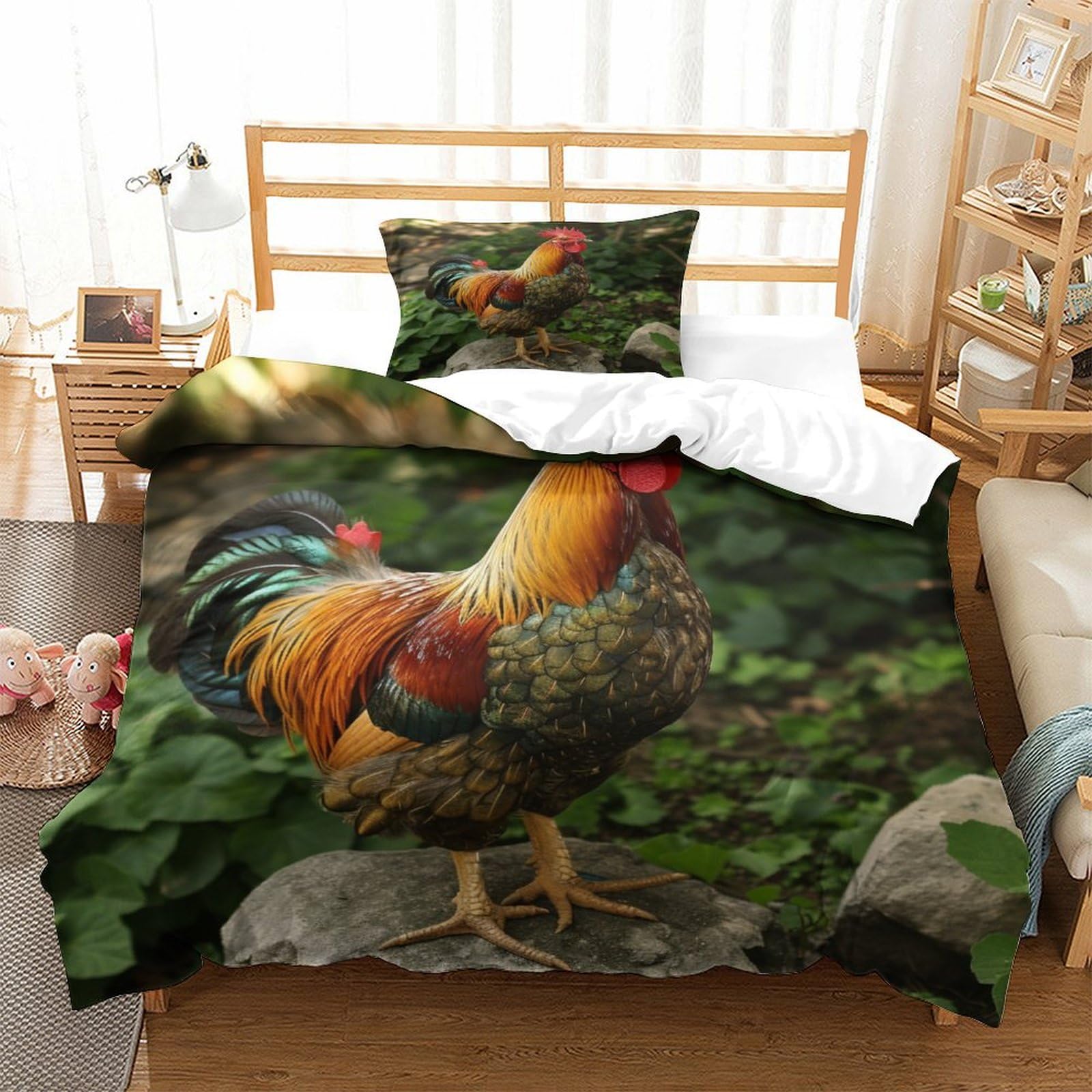 P1s9u7w5y Gallic Rooster-5 Rustic 3D Printed Rooster Duvet Cover Set 3Pcs Microfiber Rooster Bedding Set Single（135X200cm）