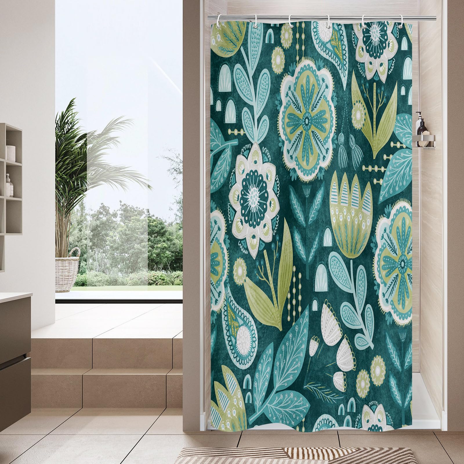 Boho Floral Shower Curtain, Deep Teal Botanical Fabric Curtain, 36 x 72