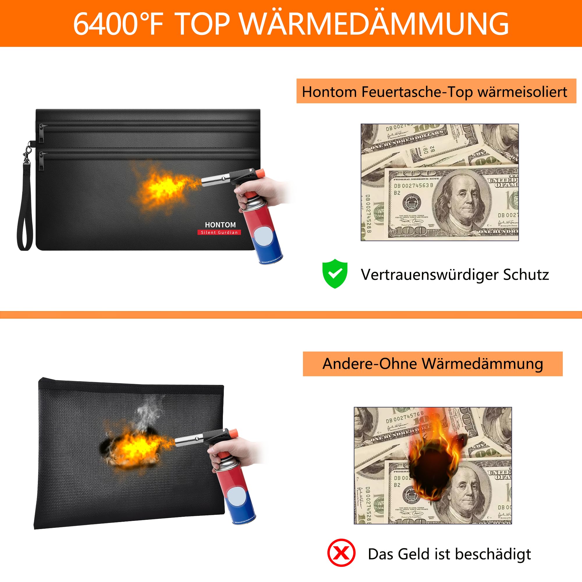 Hontom 2er Pack Geldtaschen Banktasche aus Kunstleder(28x19cm,6400℉) | 12-lagige Wärmedämmung Feuerfeste Tasche, Kleine Feuerfest Geldtasche mit Reißverschluss für Bargeld,Quittung,Reisepass