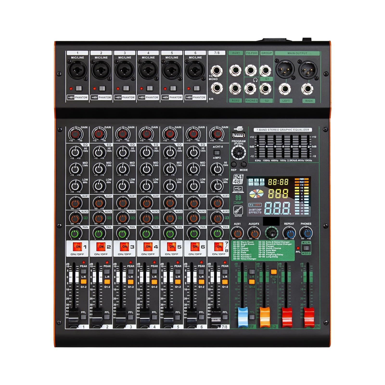 Professional Mixer 99 DSP 8 Channel Dual Group DJ Console Mixing 48V Phantom Power USB for Stage Bar Record