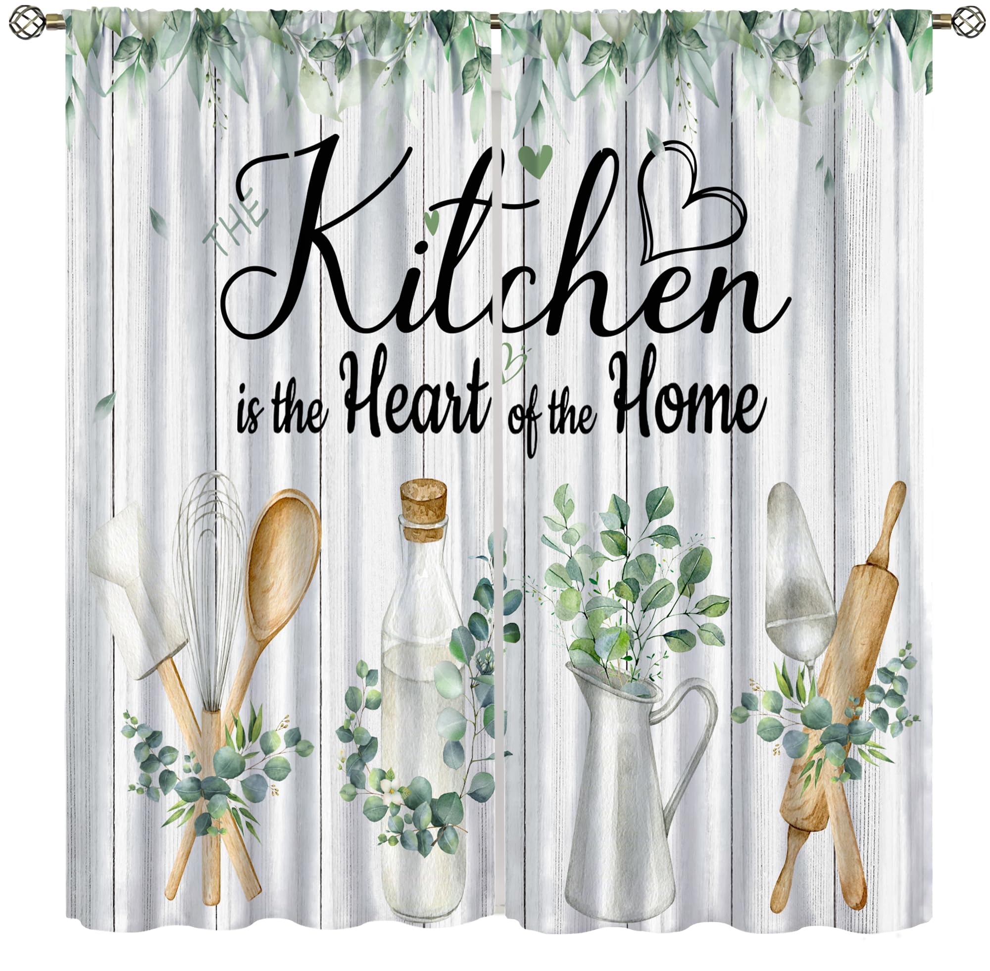 ShiTingYu Rustic Eucalyptus Leaves Kitchen Curtains, Farmhouse Plants Country Botanical Wooden Board Nature Window Treatments for Bedroom Kitchen 2