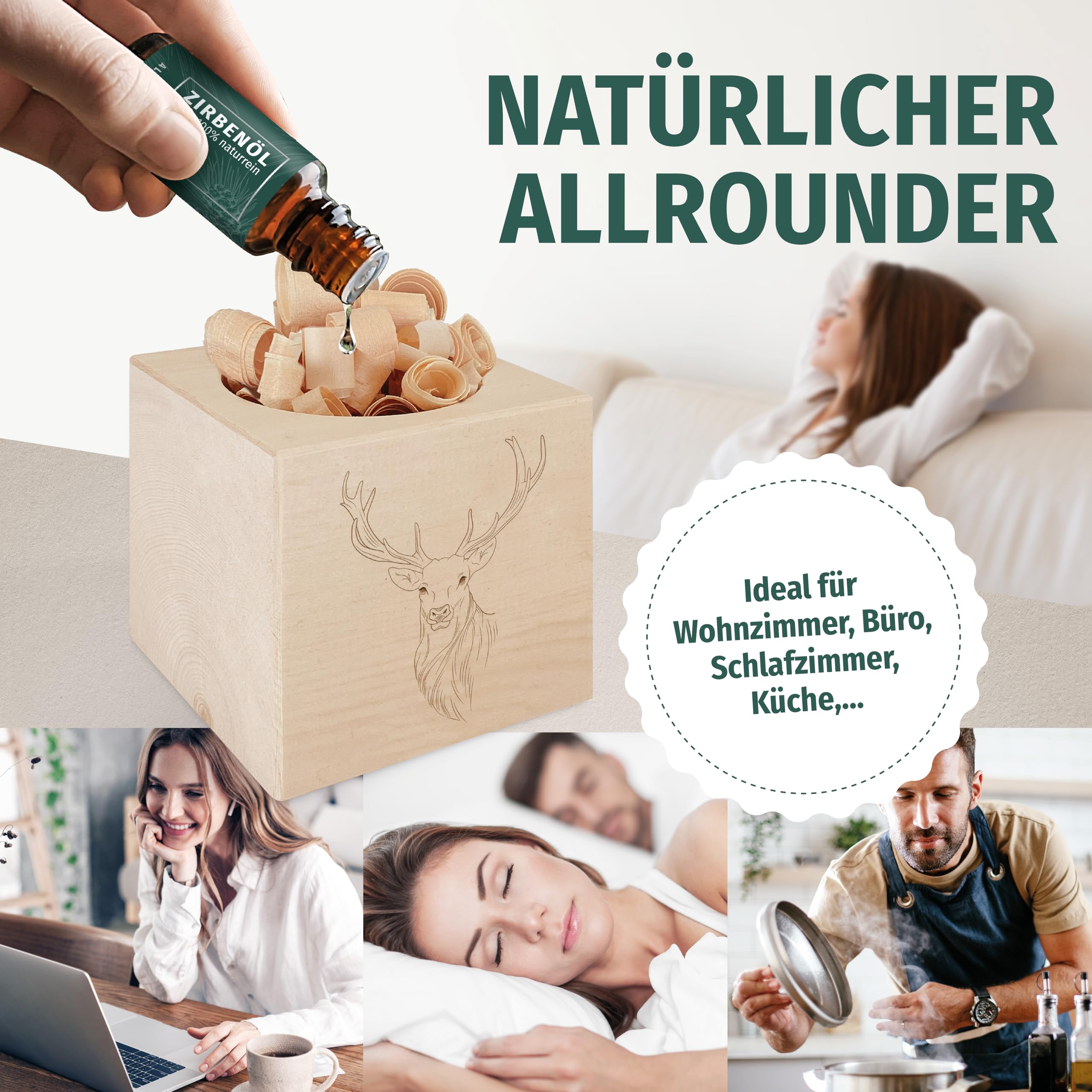 Alpenherz Zirbenwürfel Set - Zirbenöl 10 ml naturrein aus Österreich - Zirbenholz Würfel Duftspender Zirben Duft Holz Deko Zirbe Jäger Geschenke Zirbelkiefer Zirbenset (Hirsch)