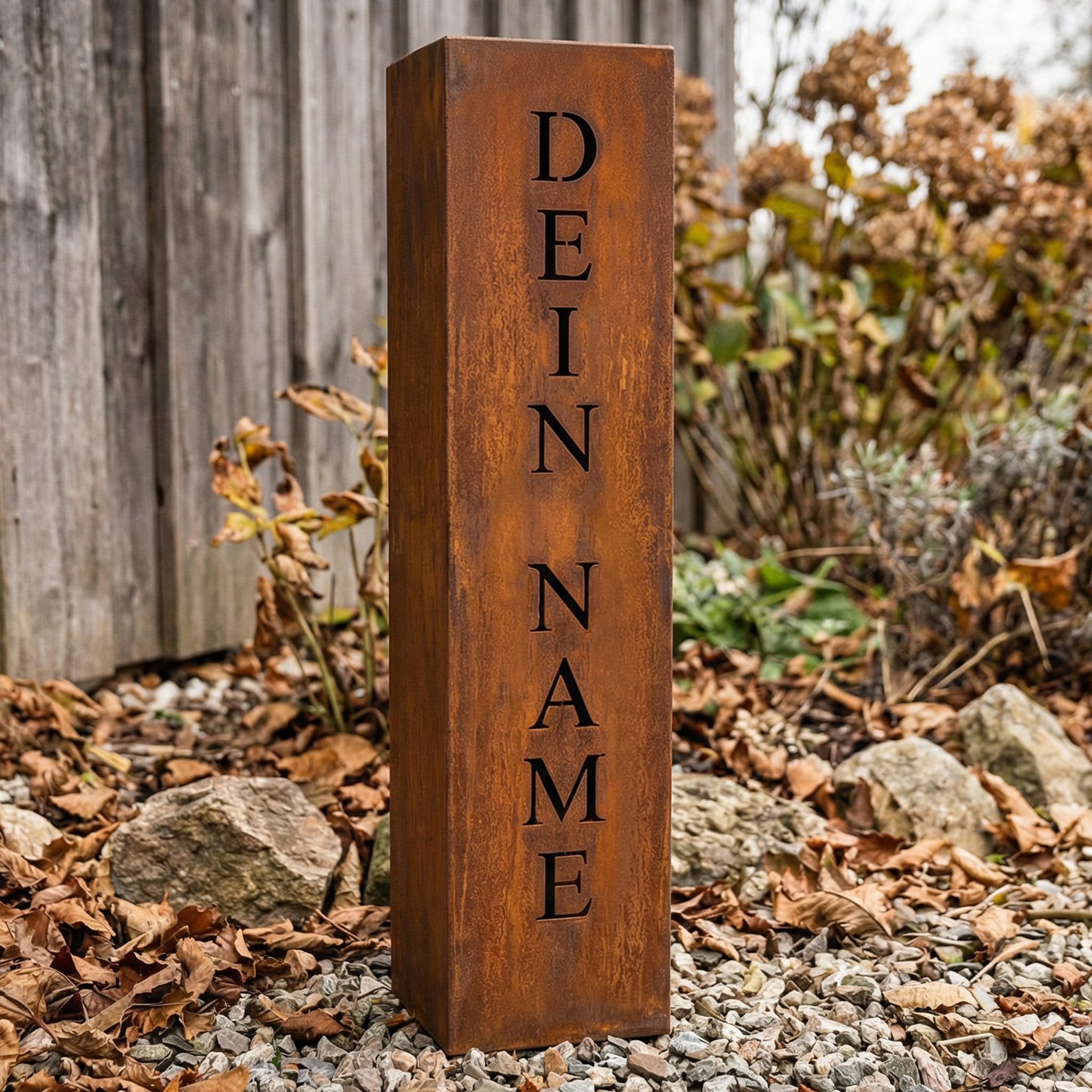 Rostikal Cortenstahl Säule 100 cm – Personalisierte Rostdeko mit Wunschname – Robuste Metall Stele für Garten, Haus & Eingangsbereich – Edelrost-Dekosäule