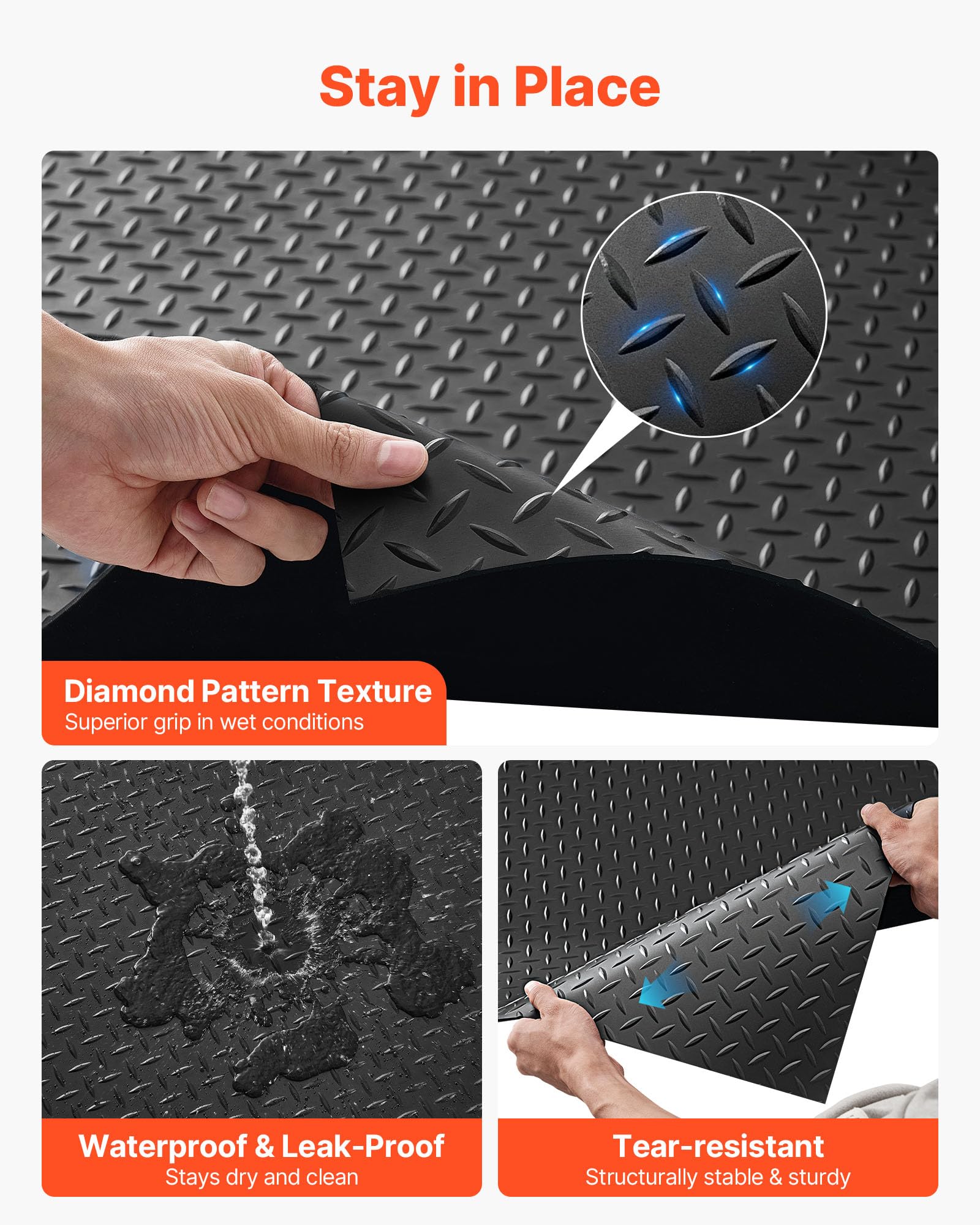 VEVOR Tapis Sol Garage 1,22 x 6,1 m Rouleau Revêtement de Sol Garage Caoutchouc Antidérapant Résistant à l'usure Épaisseur à Motif Diamant 3 mm pour Garages Ateliers Entrepôts Salles de Sport, Noir