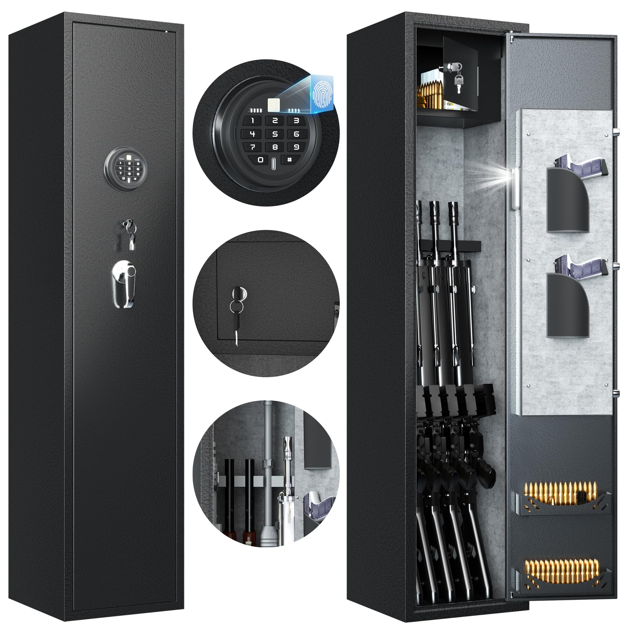 SUPEER Home Rifle and Pistols Gun Safe with LED light and Alarm System,Biometric Fingerprint Rifle Safe,Quick Access 4-5 Rifle,Removable Shelf,Built-in Small Cabinet