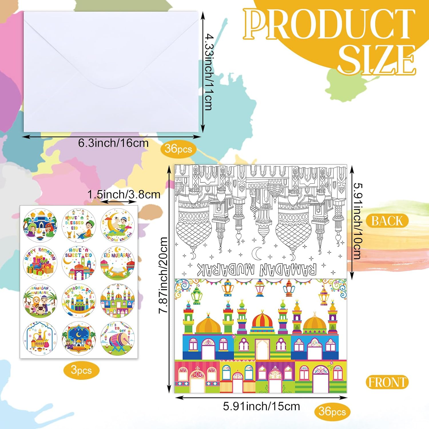 Kolldenn 36 Sets Ramadan Mubarak Coloring Greeting Cards with Stickers Envelopes Color Your Own Eid Mubarak Postcards Ramadan Kareem Paper Crafts image 2