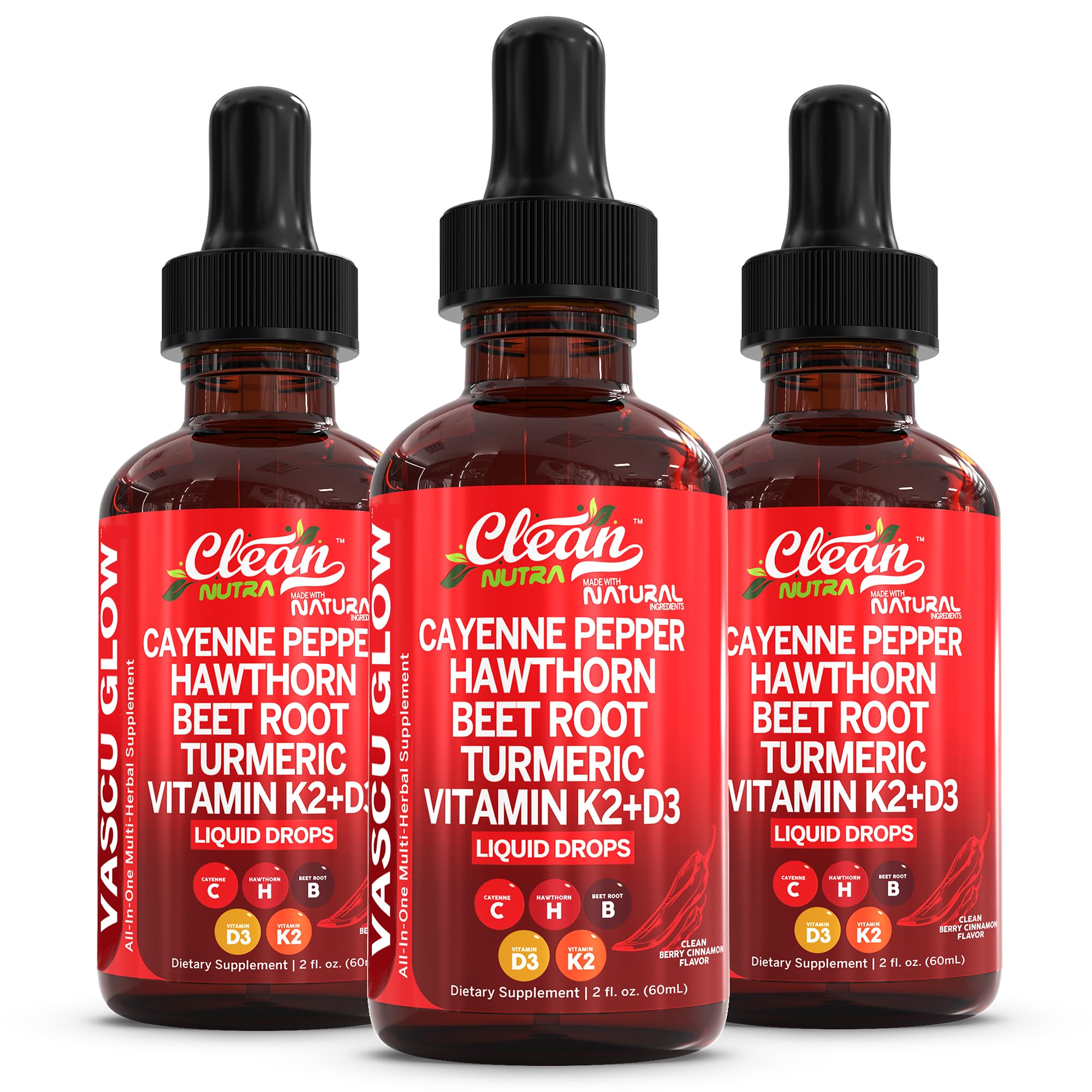 Cayenne Pepper Supplement Liquid Drops + Hawthorn Berry, Vitamin D3 K2 Beet Root Powder, Ceylon Cinnamon, Turmeric Curcumin, Organic Panax Ginseng, Berberine Extract VIT D K by Clean Nutra (3)