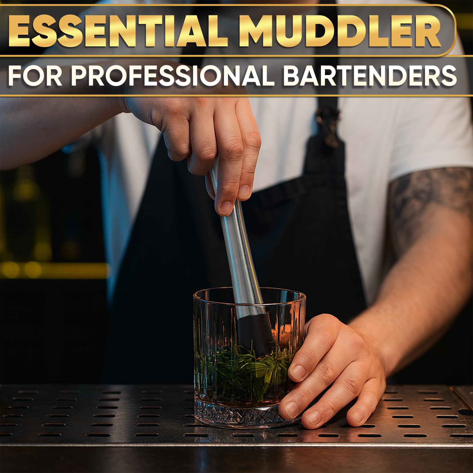 Muddler per cocktail - Strumento per cocktail da 20,3 cm con manico in acciaio inossidabile e testa scanalata in nylon - Frusta per bevande, mojito, menta, limoni, erbe, cocktail estivi e cocktail